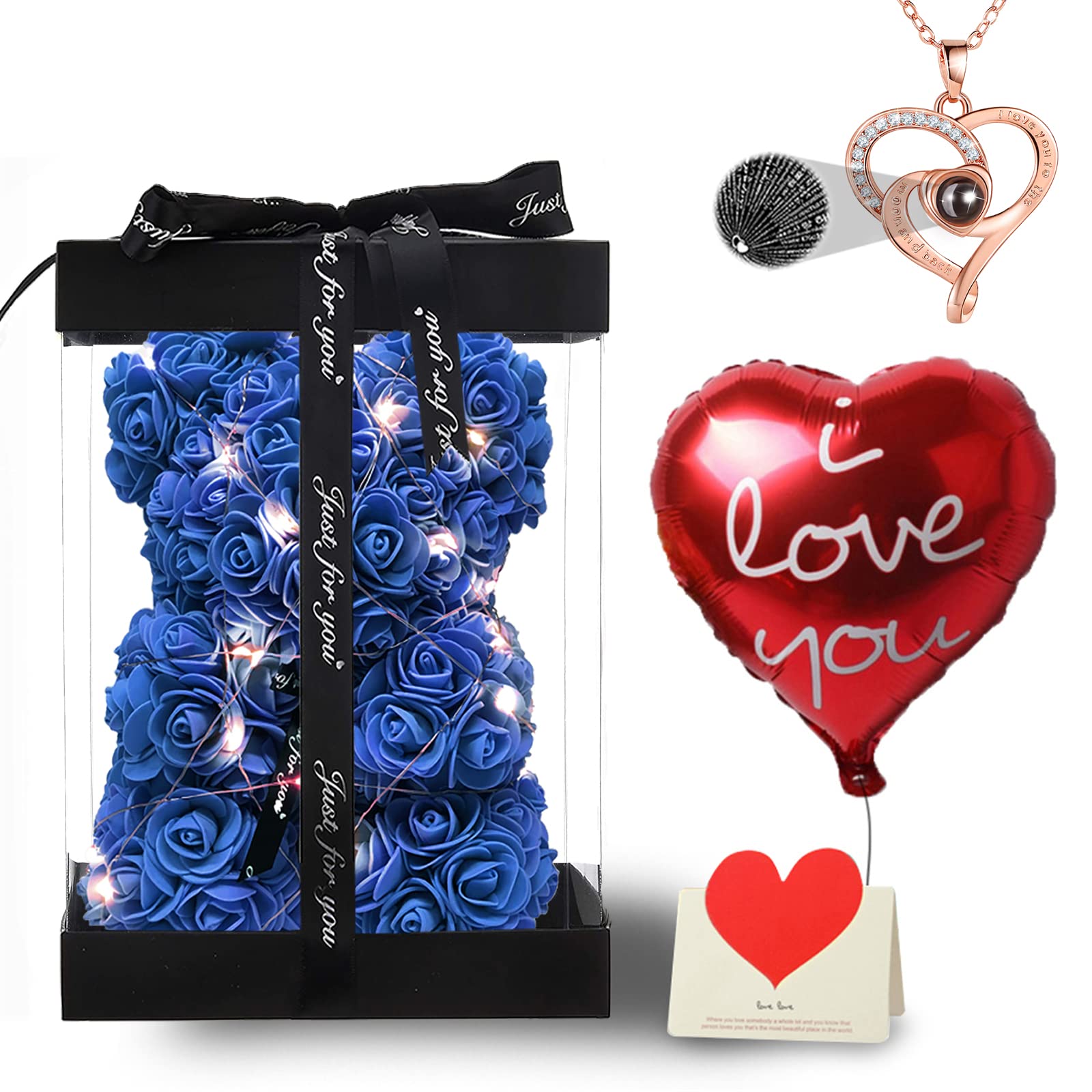 UQUI Rose Bear Gift Set for Women - Floral Teddy Bear with LED Lights, Necklace, Balloon & Card - Romantic Anniversary Birthday Present - Perfect for Valentine's Day, Wedding Decor & Surprise Proposals