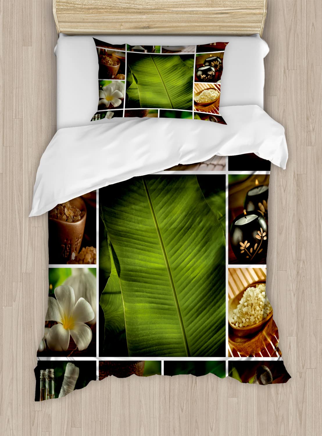 Ambesonne Spa Duvet Cover Set - 2 Pack Cal King Size, Collage of Candles, Stones & Herbal Salts Design in Green, White & Brown | Includes 2 Duvet Covers & 4 Pillowcases | Perfect for Relaxing Spa Nights, Bedroom Decor & Cozy Home Atmosphere
