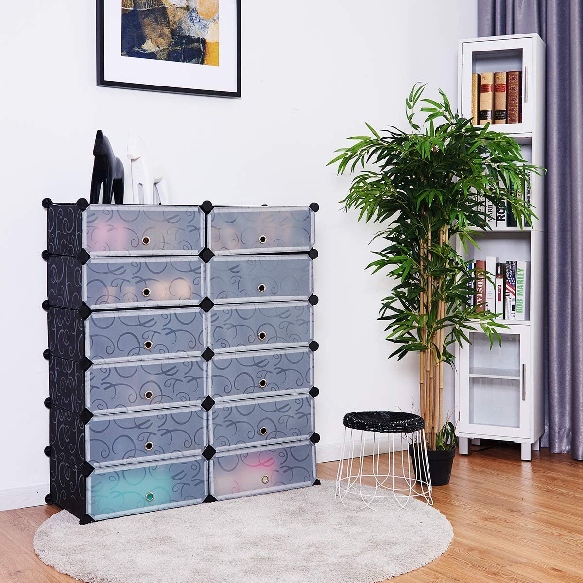 GRAFFY 12-Cube Shoe Rack Organizer - DIY Modular Storage Cabinet with Doors - Plastic Shoe Shelf for Entryway, Living Room, Bedroom - Perfect for Small Spaces & Closet Organization