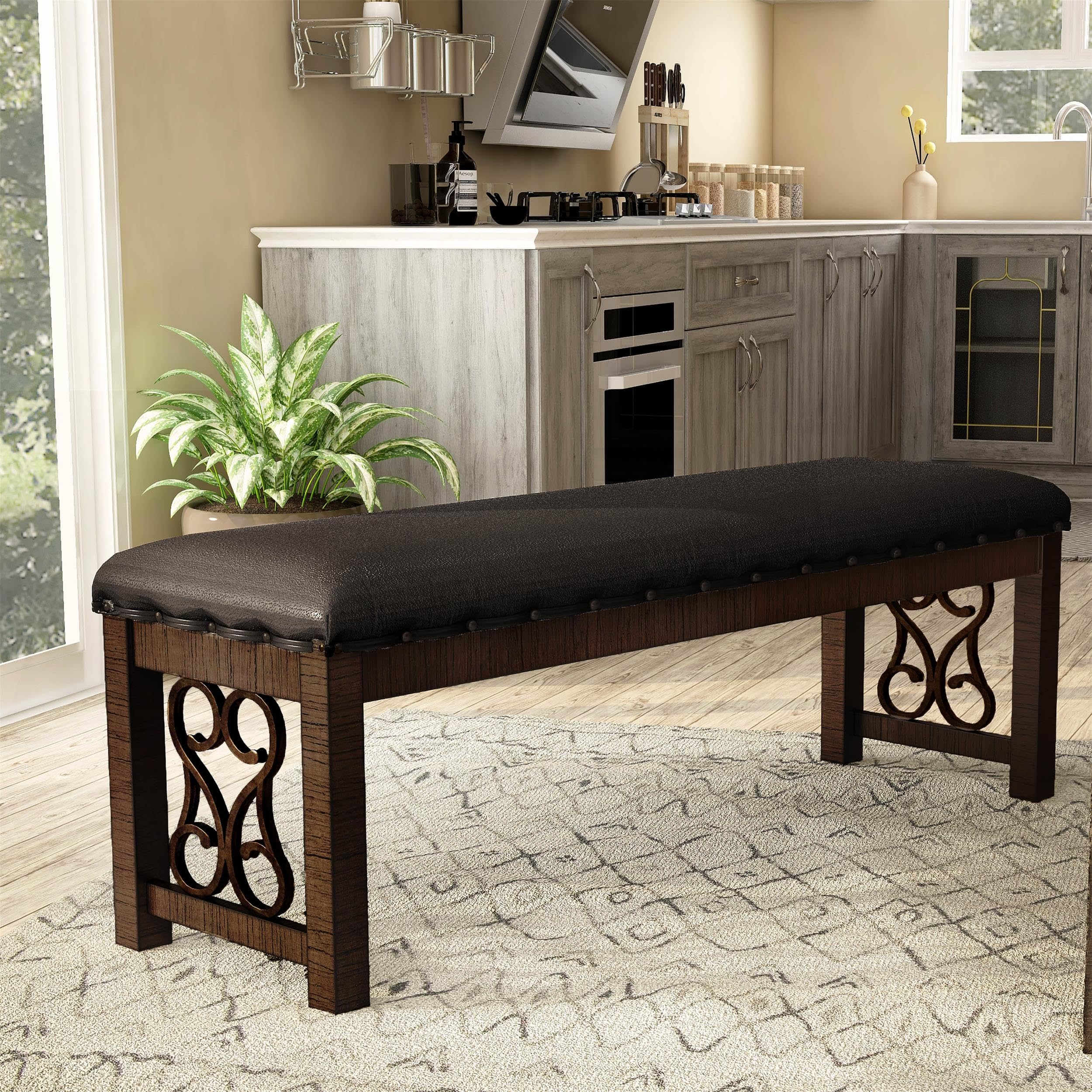 Furniture of America Arlyne Faux Leather Padded Dining Bench in Rustic Walnut - Stylish & Comfortable Kitchen Seating for Dining Room, Breakfast Nook & Entryway