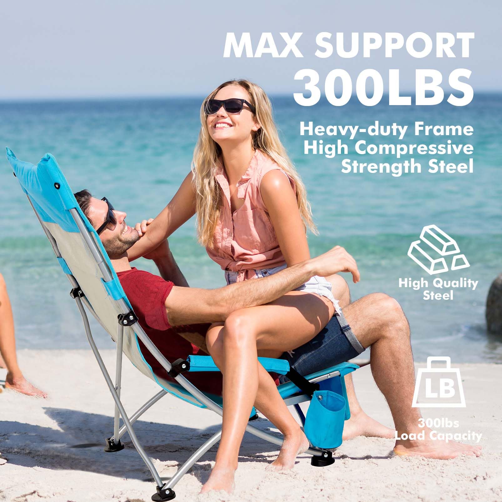 AKSOUL Portable Folding Beach Chair for Adults - Adjustable High/Low Back, Extra Wide Seat with Comfortable Pillow & Storage Pocket - Includes Carry Bag (1 Pack & 2 Pack, Blue) - Perfect for Beach, Camping, Picnics, Backyard & Outdoor Relaxation