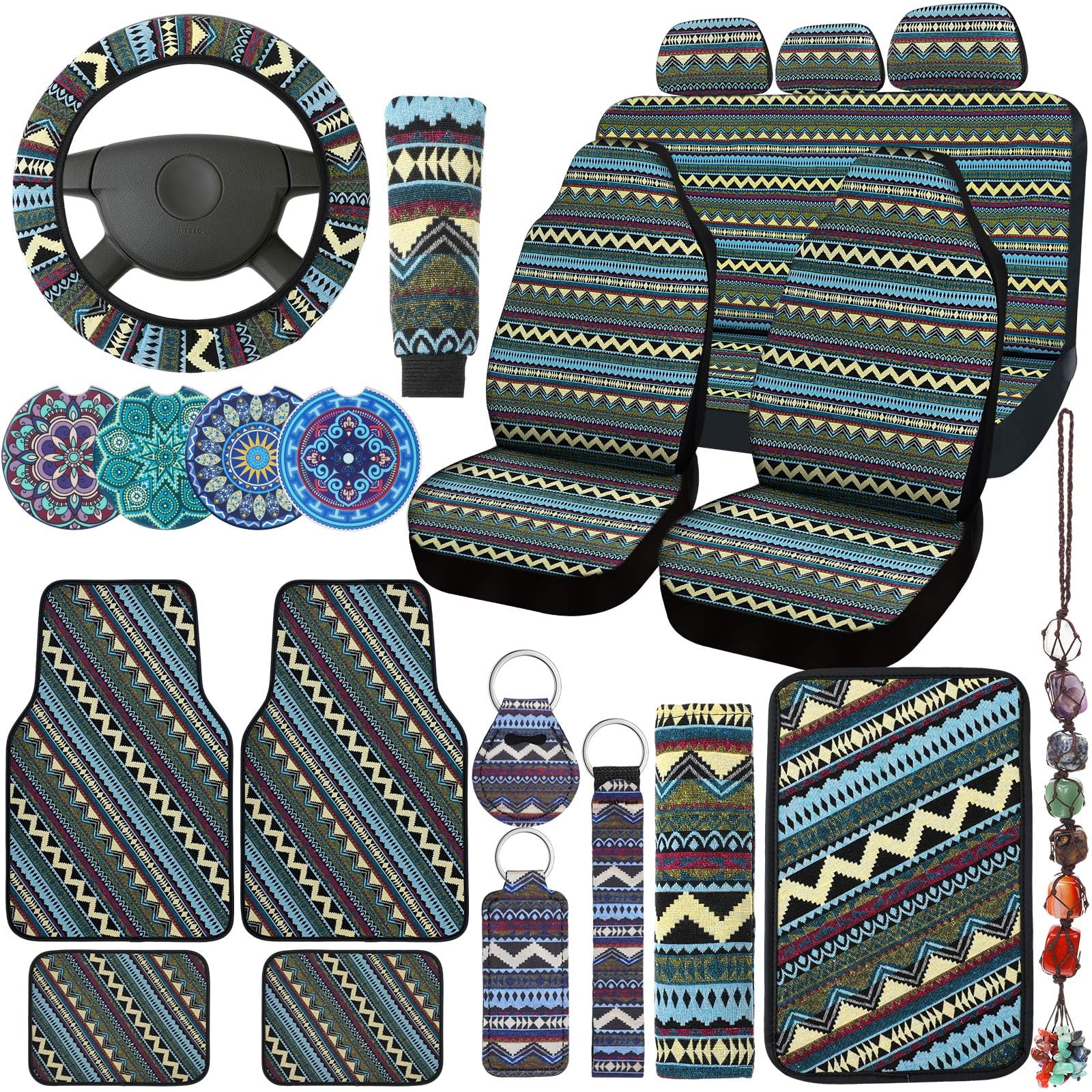**Frienda Baja Full Set Car Seat Covers – Multicolor Stripe Boho Print, Steering Wheel Cover, Seat Belt Cover & Crystal Hanging Ornament – Universal Fit for Cars (Fresh Style) – Perfect for Road Trips, Daily Commutes & Car Interior Styling**