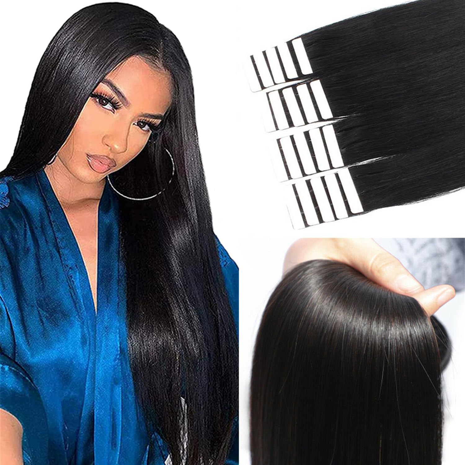 18” Straight Human Hair Tape-In Extensions for Black Women - 20 Pieces Invisible Tape-In Tracks (Natural Black) | Perfect for Styling, Volume Boost & Everyday Wear