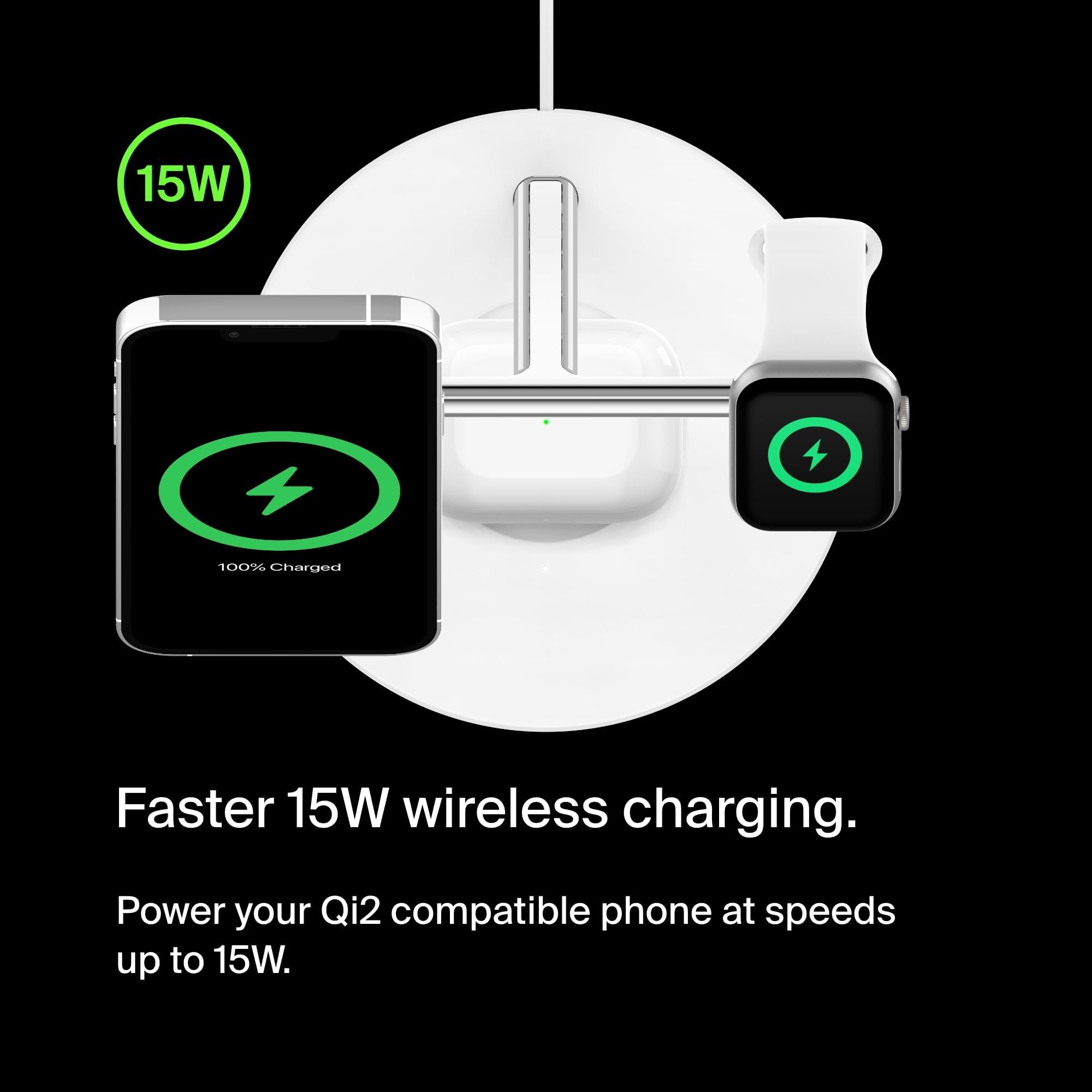 Belkin BoostCharge Pro 3-in-1 Wireless Charger Stand with Qi2 Technology - Fast 15W Charging for iPhone 16/15/14/13/12, Apple Watch & AirPods - Magnetic Alignment - Sleek White Design - Perfect for Home, Office & Travel