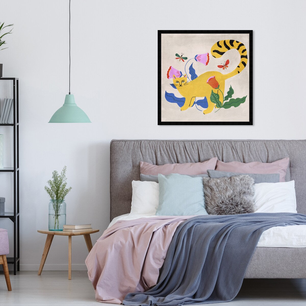 Blonde Tabby Floral Kitten Butterfly Garden Modern Yellow Framed Wall Art Print - Perfect for Bedroom, Nursery & Home Decor