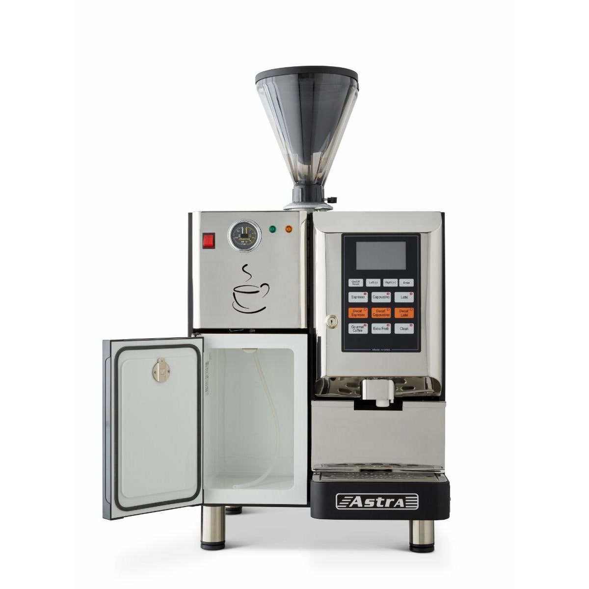 Premium Astra Super Automatic Commercial Espresso Machine with Single Hopper & Built-in Refrigerator - Perfect for Coffee Shops, Restaurants & Offices