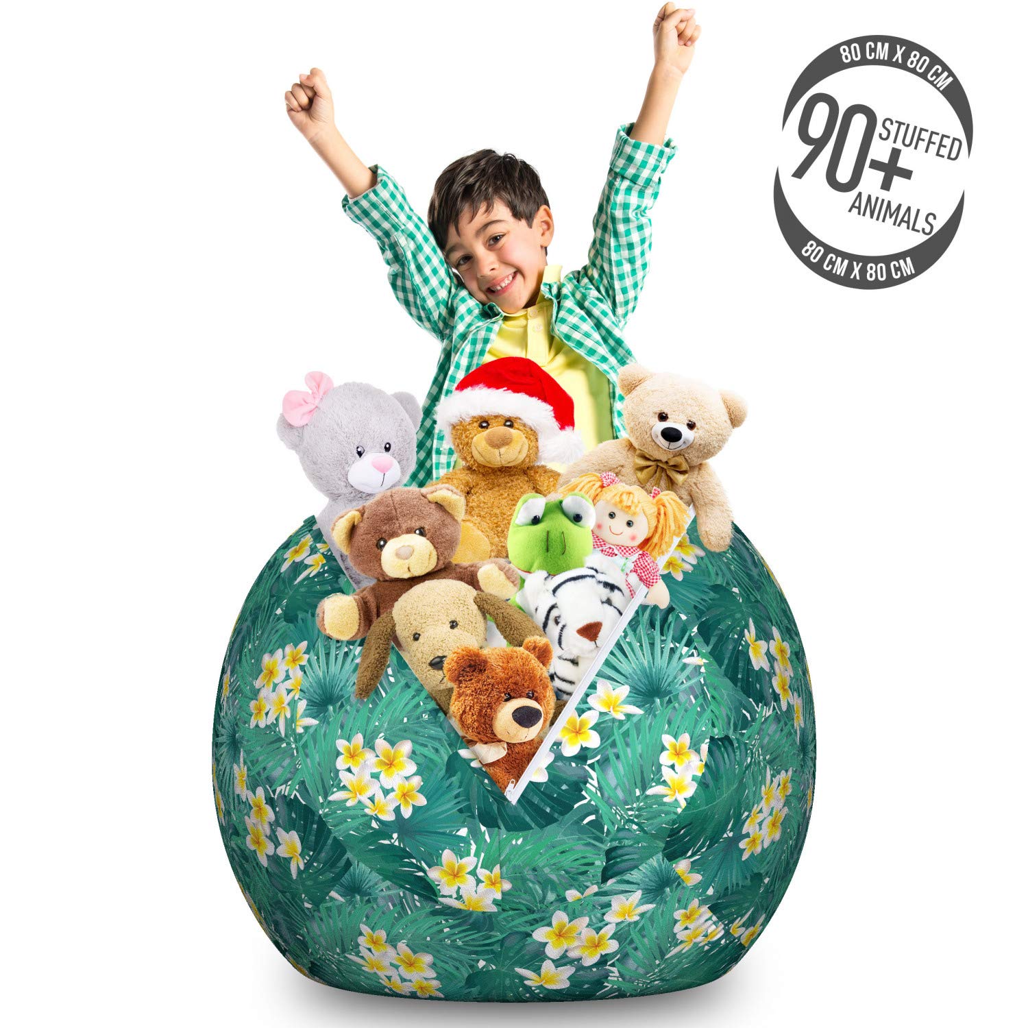Ambesonne Exotic Storage Toy Bag Chair - Large Washable Stuffed Animal Organizer with Rhythmic Plumeria & Monstera Leaves Design in Sea Green & Yellow | Perfect for Kids' Room, Playroom & Nursery Organization