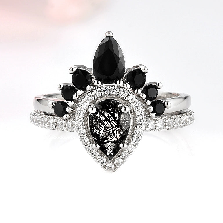 925 Sterling Silver Amy Rutilated Quartz & Black Diamond (Onyx) Ring Set | Elegant Jewelry for Women, Gift for Her, Wedding, Anniversary & Special Occasions