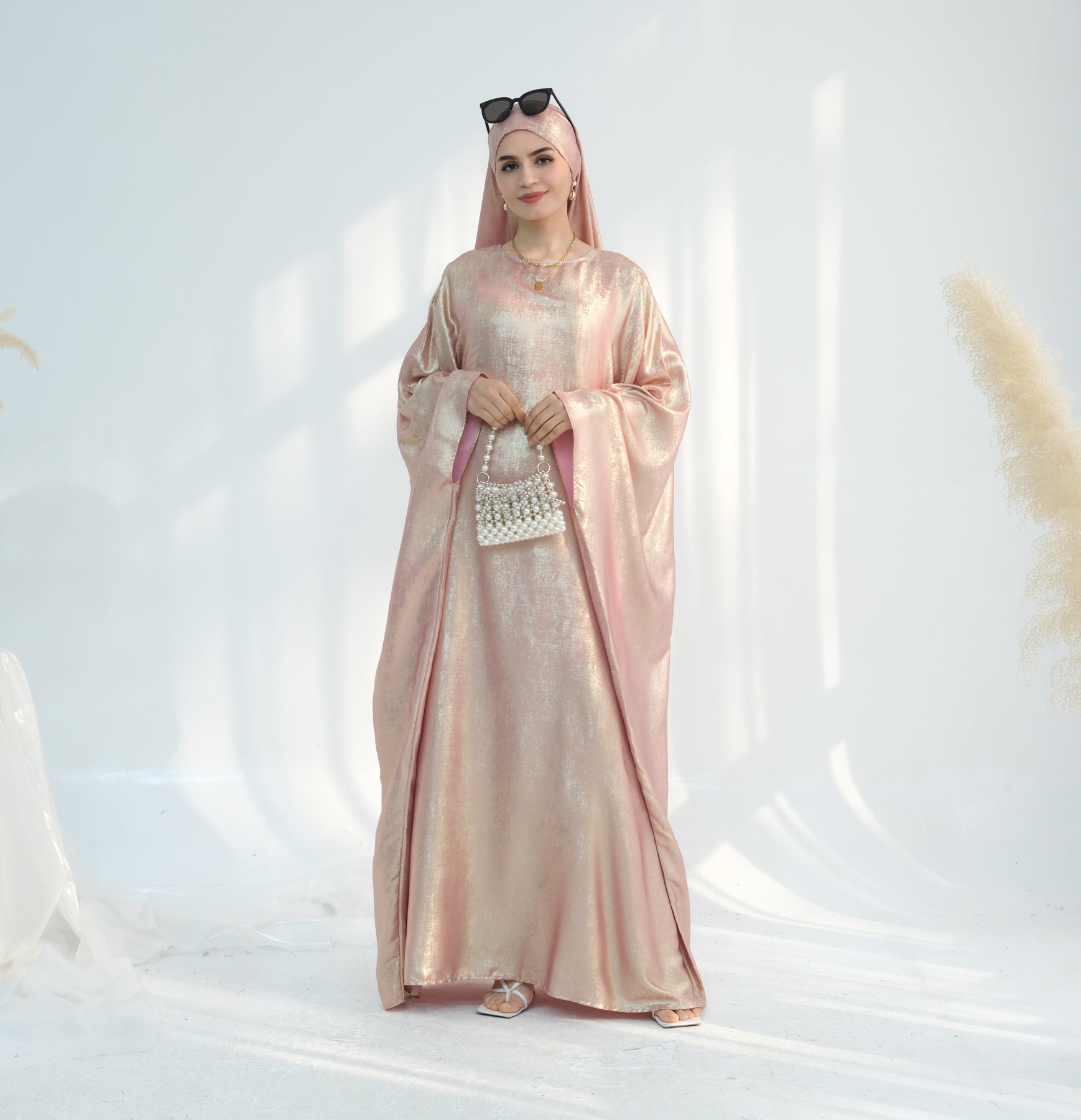 Linora Shimmer Butterfly Abaya Peach - Elegant Islamic Prayer Dress for Women | Perfect for Eid, Ramadan & Special Occasions