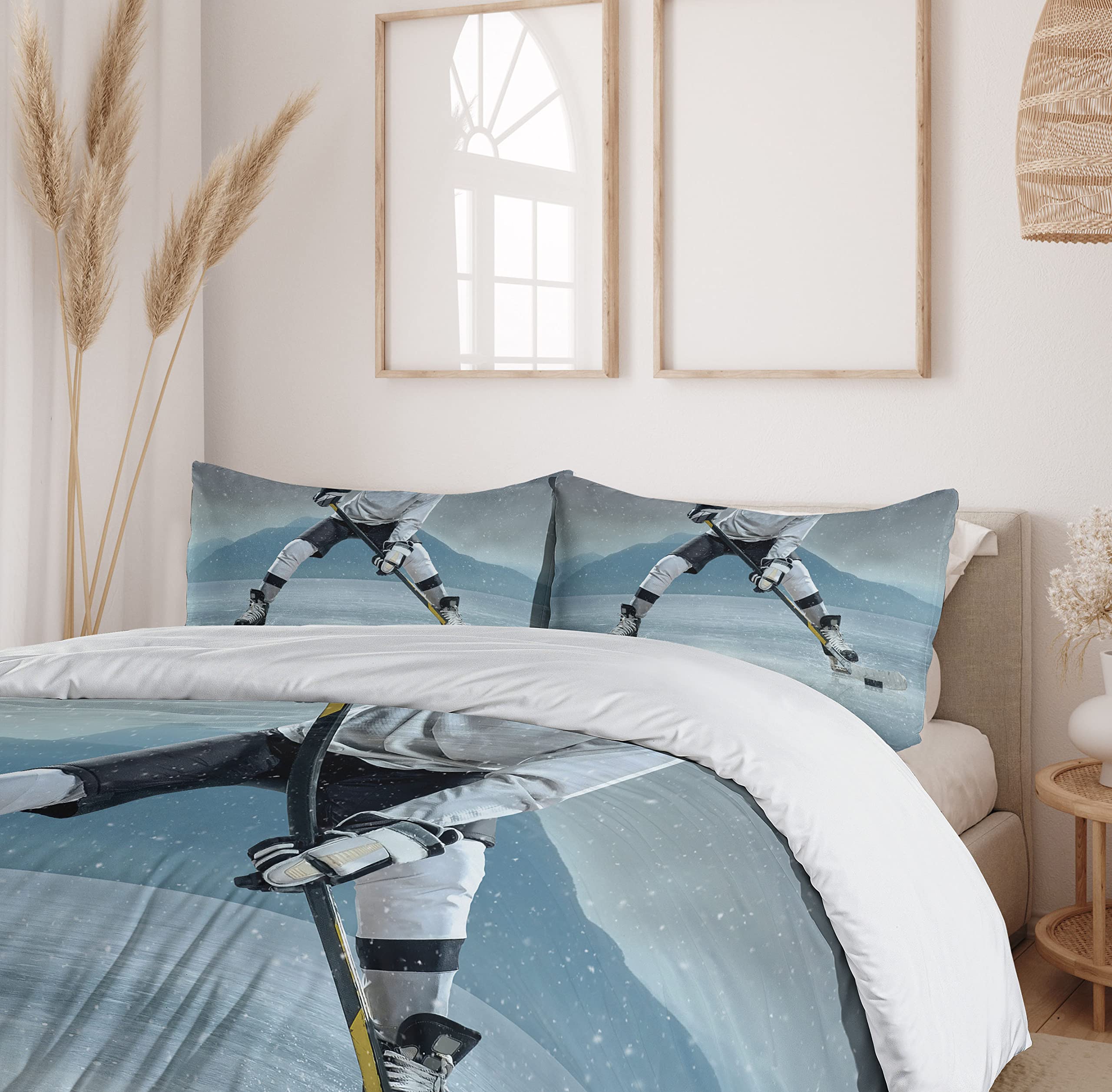 Ambesonne Ice Hockey Player Duvet Cover Set - King Size 3-Piece Bedding with 2 Pillow Shams, Charcoal Grey & White Design - Perfect for Sports Fans Bedroom Decor & Hockey Theme Room Accessories
