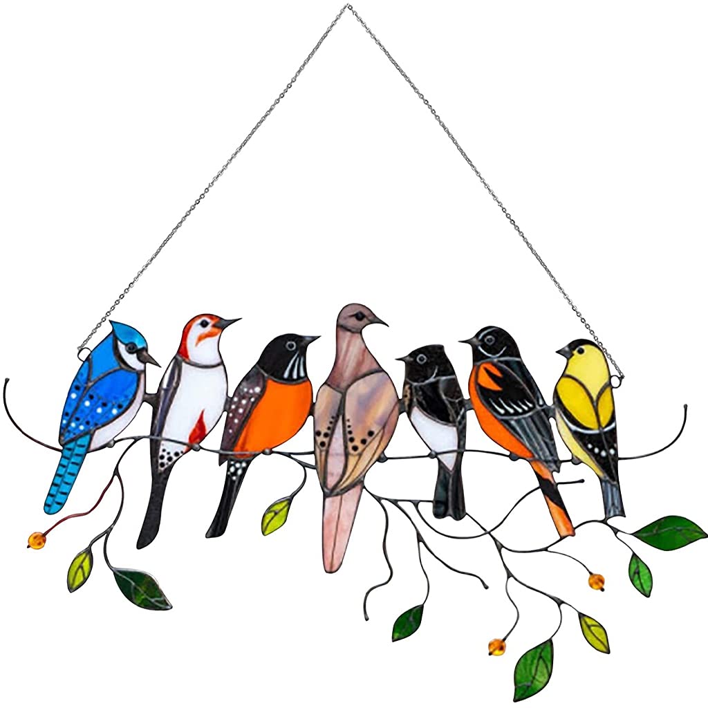 Colorful Stained Glass Birds on Wire Acrylic Window Hanging Decor - Handmade Sun Catcher Ornament for Home, Office & Garden Decor (1 Piece) - Perfect for Living Room Windows, Patio Decor & Gift Giving
