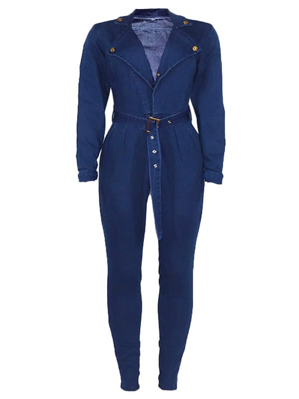 Andongnywell Women's Sexy Slim Fit Denim Jumpsuit with Long Sleeves & Pockets - Casual Outfit for Date Night, Party & Streetwear Fashion