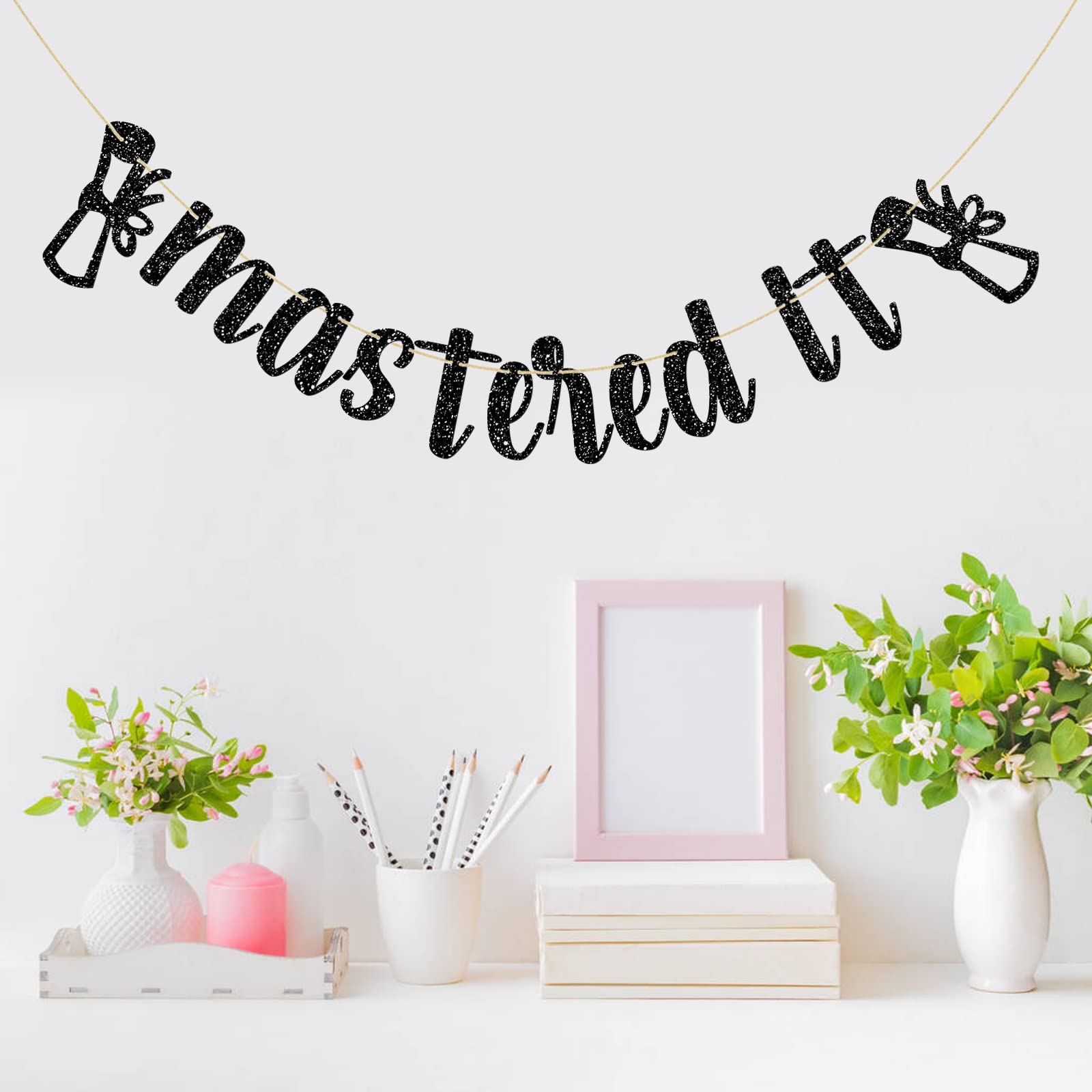 Mastered It Graduation Banner - Glittery Black College Graduation Party Decorations for Senior Grads | Perfect for Graduation Parties, Dorm Decor & Celebration Backdrops