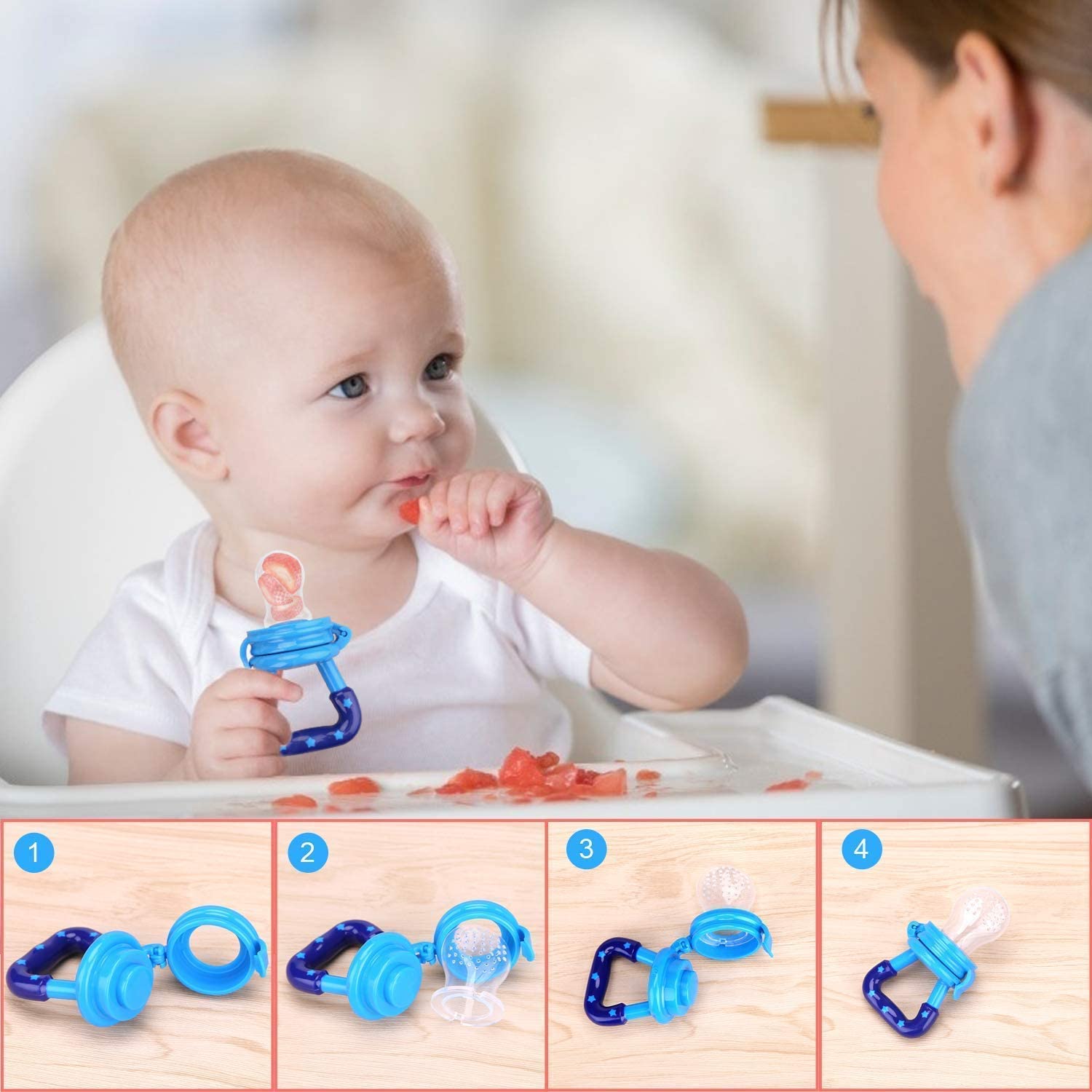 Miracle Moms Silicone Baby Fruit Feeder - BPA Free Teether & Pacifier for Infants 6-12 Months - Safe Nipple Feeder for Newborns (Blue) - Perfect for Soothing Teething Pain & Introducing First Fruits