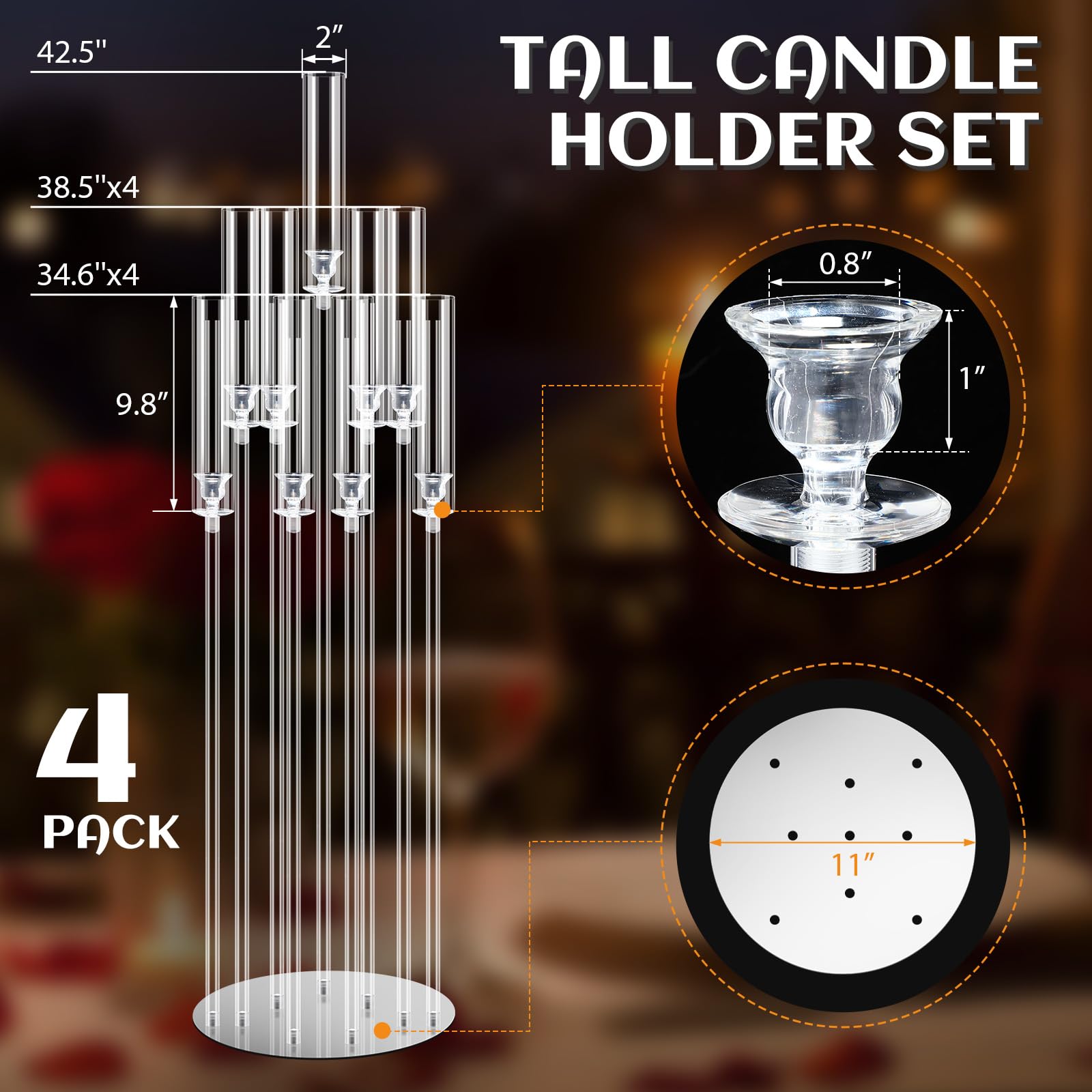Tessco 4-Piece 9-Arm 42.5-Inch Clear Acrylic Candelabra Set - Elegant Table & Floor Centerpiece with Removable Lampshade - Perfect for Weddings, Parties & Home Decor - Fits 0.8 LED Candles