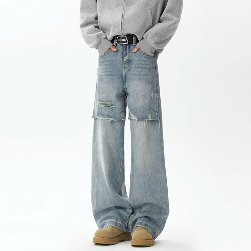 Trendy Men's Ripped Denim Jeans Two-Piece Set - Loose Fit Casual Pants for Spring & Fall - Fashionable Male Clothing (Style 9C9263) | Perfect for Streetwear, Outings & Everyday Comfort