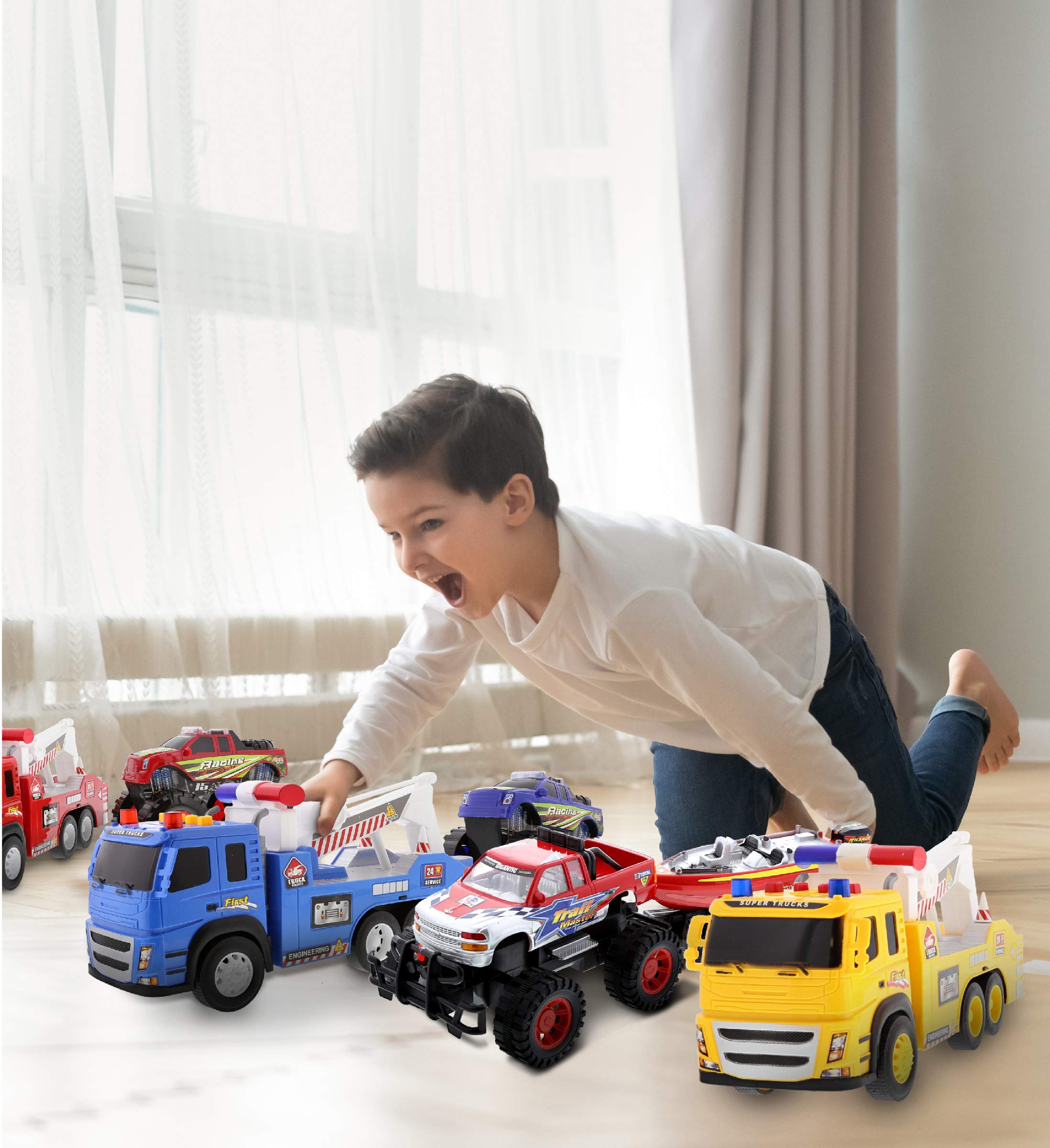 Mozlly 4-Pack Friction Powered Toy Trucks Set - 3 Emergency Tow Trucks with Lights & Sounds + Monster Truck with Speed Boat Trailer - Push & Go Action Vehicles for Kids - Perfect for Pretend Play, Birthday Gifts & STEM Learning (Styles May Vary)