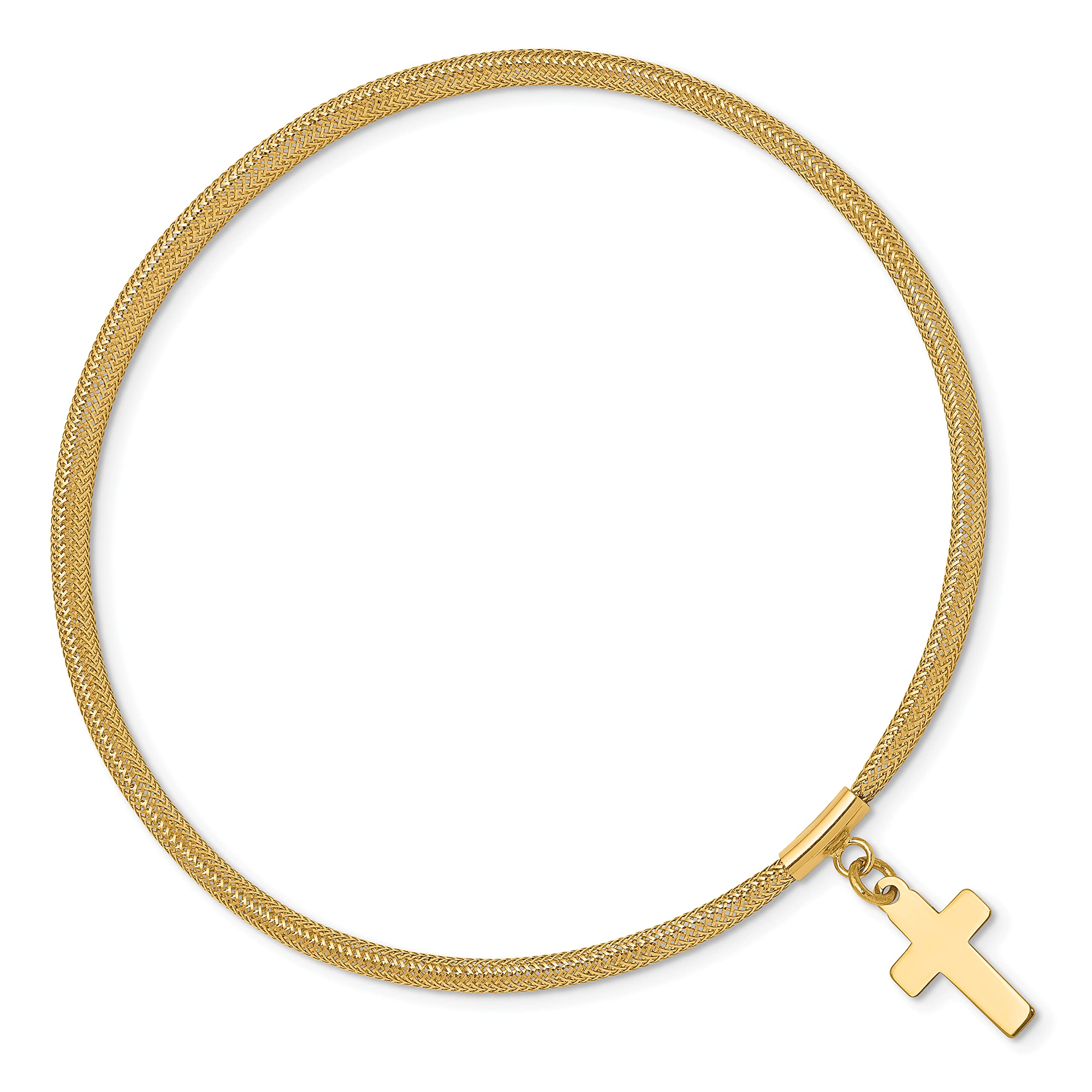 14K Solid Yellow Gold Mesh Holy Cross Charm Bracelet for Women - Adjustable Stretch Wrap Design - Perfect for Gifts, Church, and Everyday Wear
