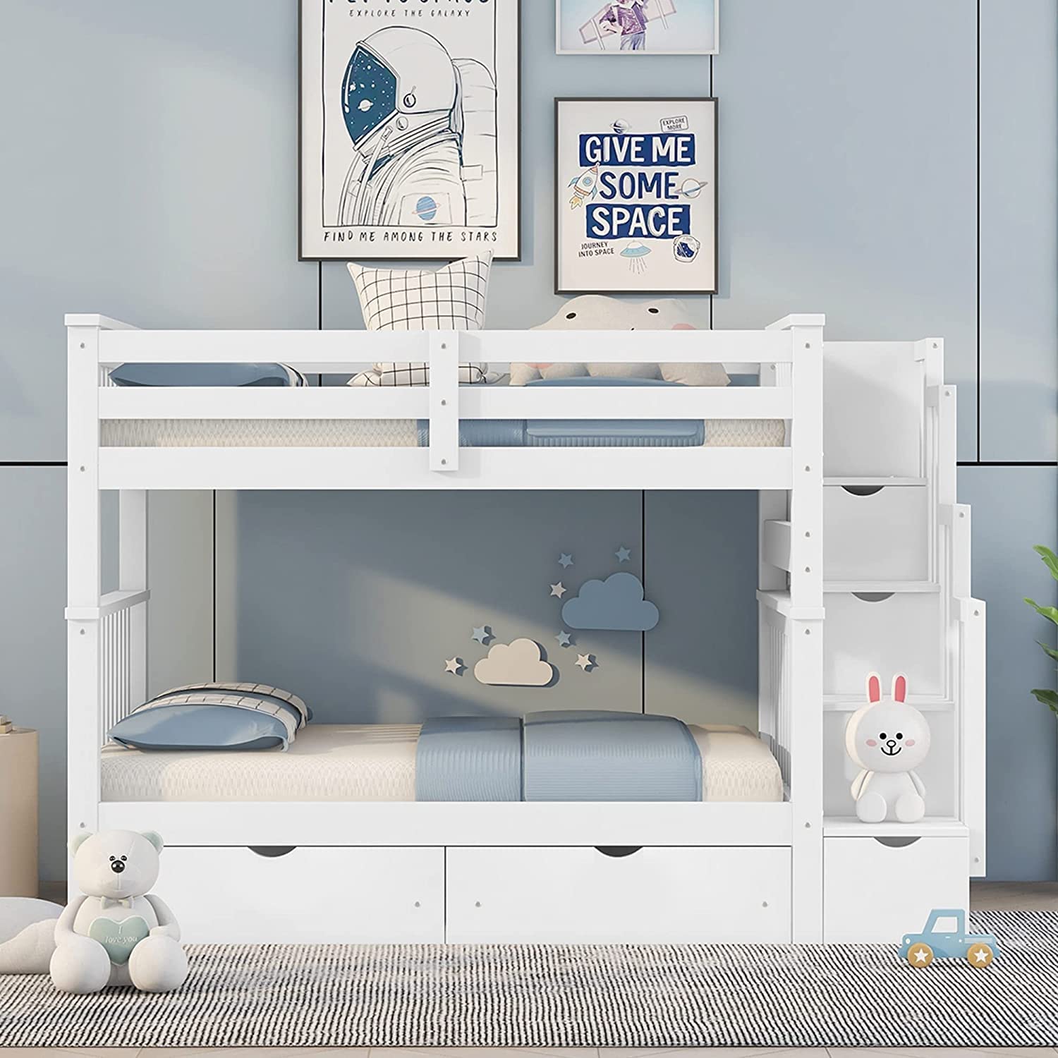 Harper & Bright Designs Full Over Full Bunk Bed with Stairs for Adults & Teens - Wooden Bunk Bed with 6 Storage Drawers & Shelves - Detachable Full Size Bunk Bed for Kids, Boys & Girls - White - Perfect for Small Bedrooms, Guest Rooms & Dormitories