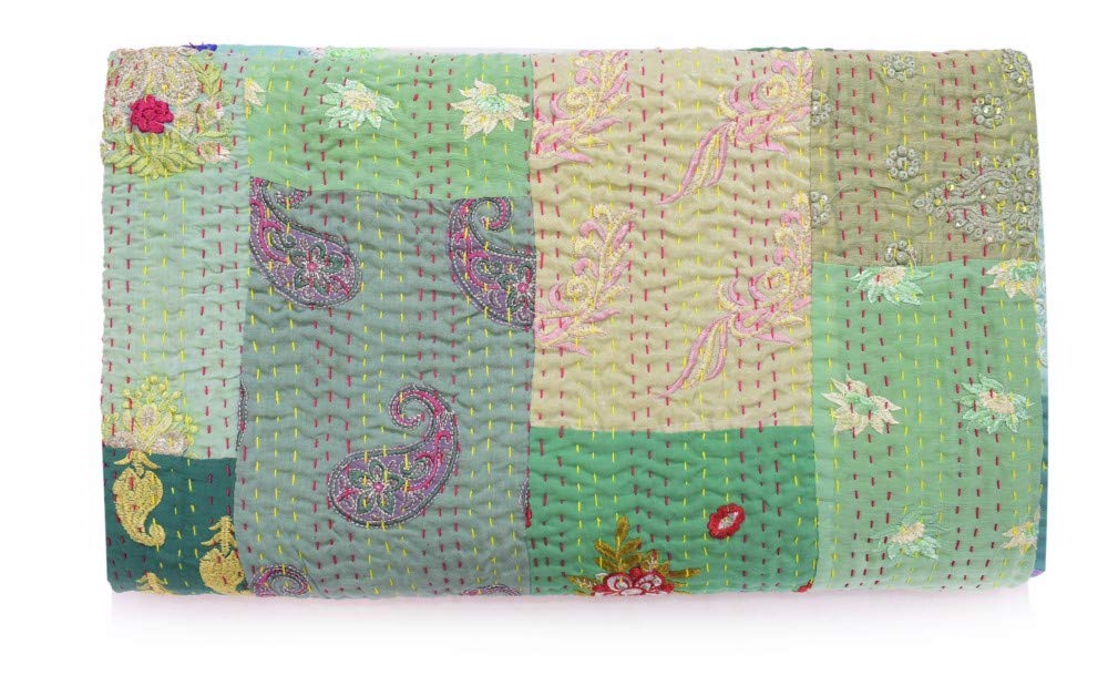 Handmade Vintage Khambadiya Print Patchwork Quilt - King/Twin Size Embroidered Kantha Bedspread | Indian Jari Blanket Coverlet for Home Decor | Perfect for Boho Bedroom, Guest Room & Cozy Throw