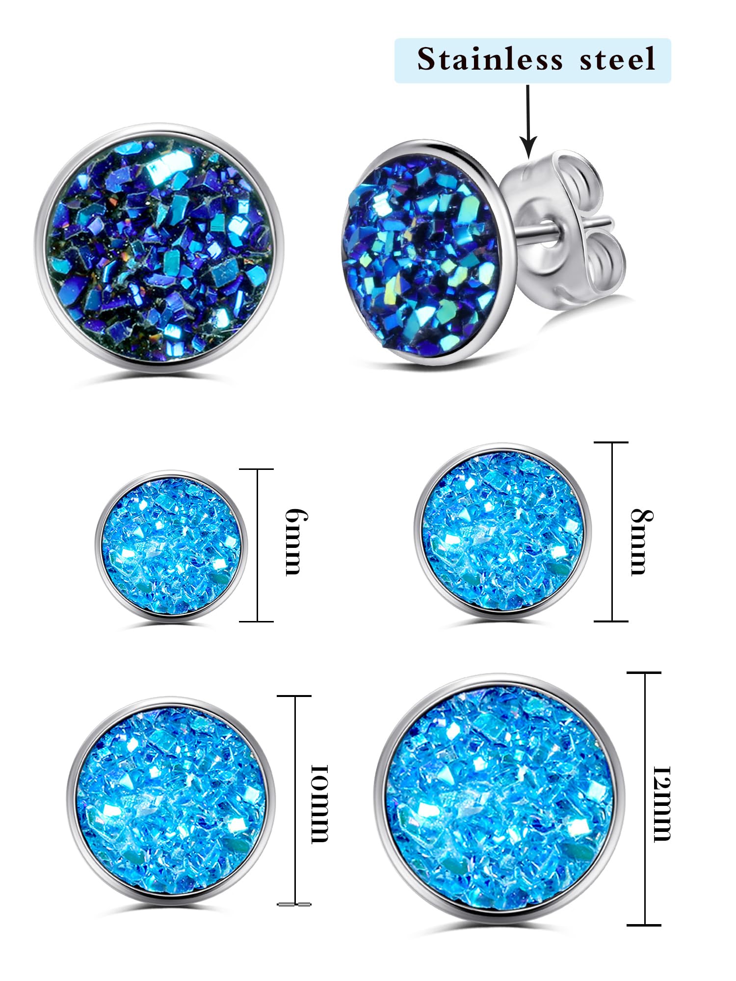 20 Pairs Round Stud Earrings for Women & Men - Stainless Steel Druzy Stud Earrings Set - Hypoallergenic & Anti-Sensitive - Perfect for Birthday Parties, Gifts & Everyday Wear
