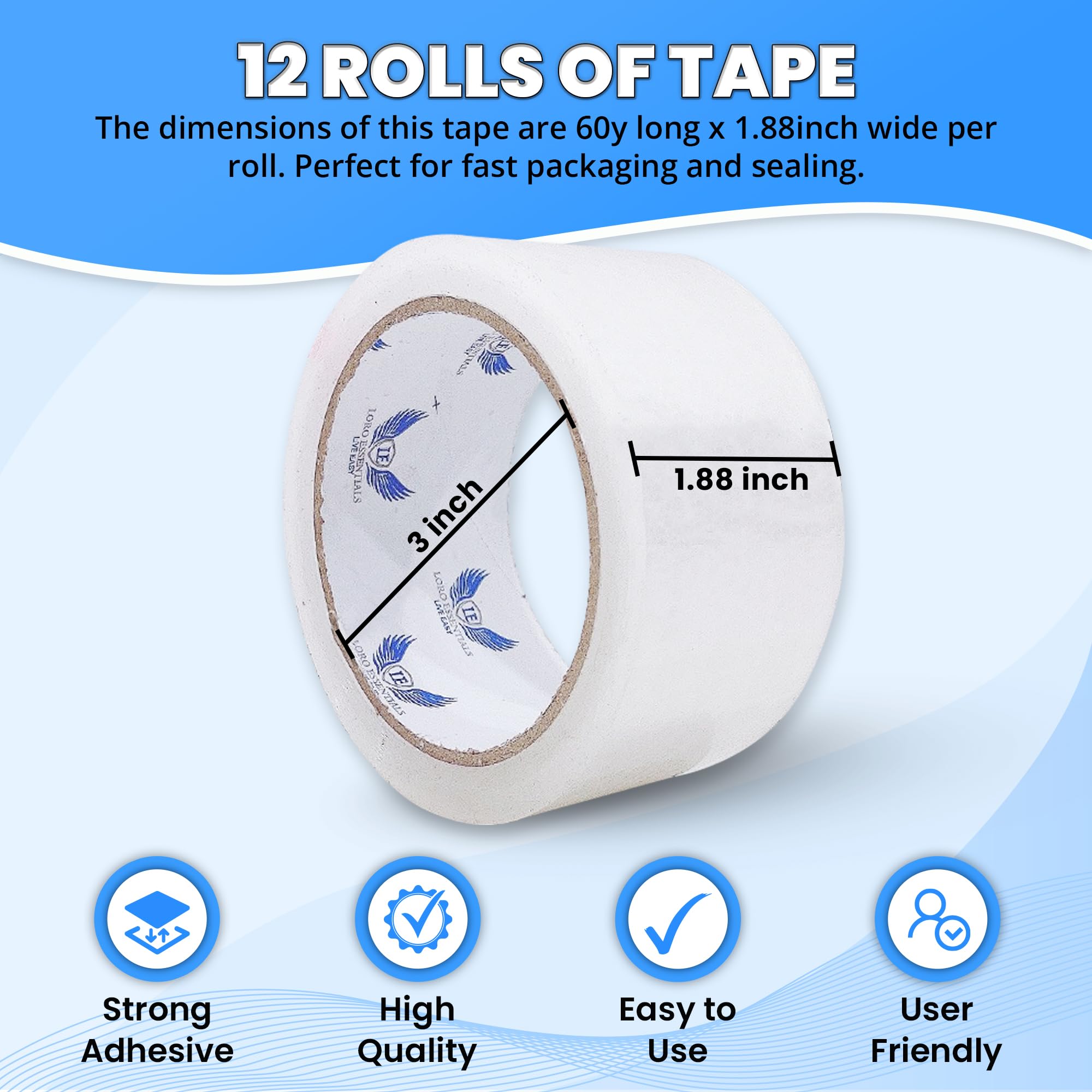 Heavy Duty Clear Packing Tape - 12 Rolls (720 Yards Total) for Moving Boxes, Shipping & Packaging | 2.0 Mil Thick Strong Adhesive Tape with 3