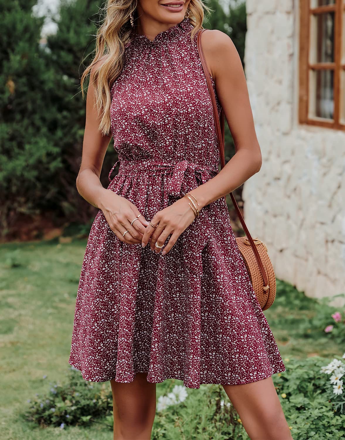BTFBM Women's Floral Polka Dot Halter Neck Summer Dress - Sleeveless Boho Mini Dress with Ruffle Trim for Beach, Vacation & Casual Outings | Spring 2025 Fashion