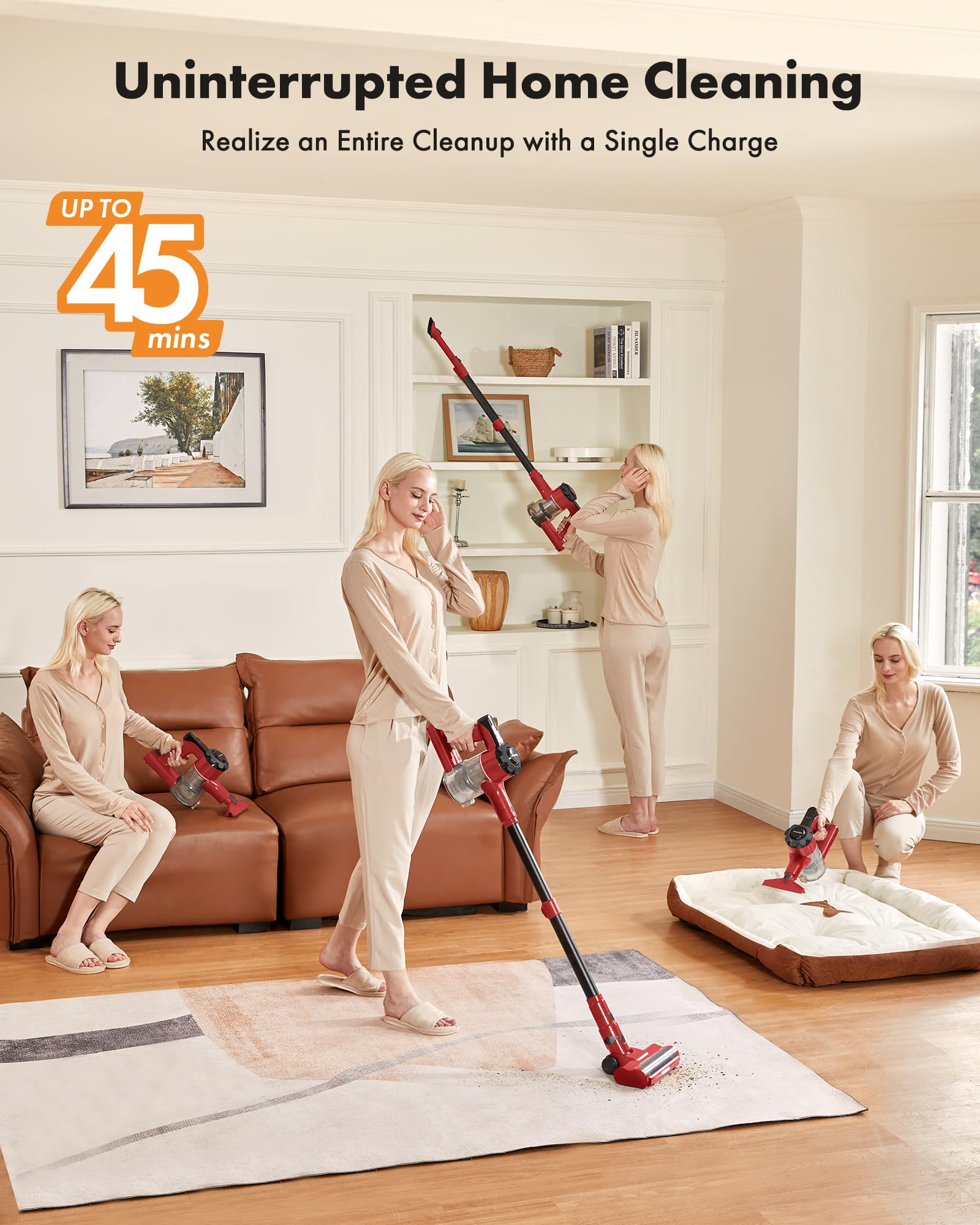 8-in-1 Cordless Vacuum Cleaner with 45min Runtime - Powerful Suction Rechargeable Stick Vacuum for Carpet, Tile, Hardwood Floors & Pet Hair - Lightweight Red Vacuum for Home Cleaning & Car Detailing