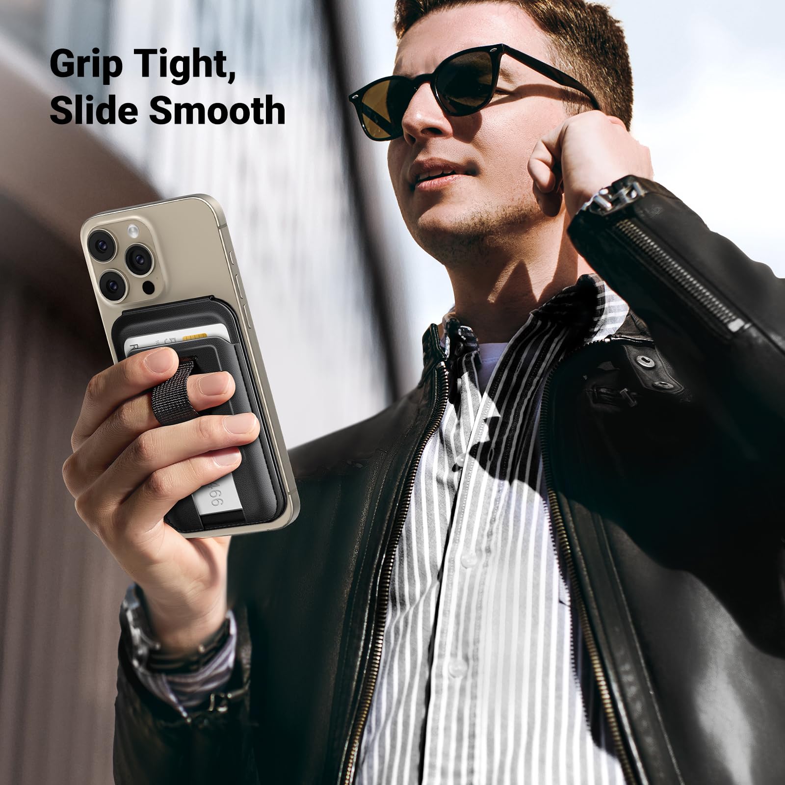 UGREEN Magnetic Phone Wallet with Finger Loop Grip & Adjustable Stand - Compatible with iPhone 15/14/13/12 Series (Excludes Mini) - Secure Card Holder for Everyday Use, Travel & Hands-Free Viewing - Black