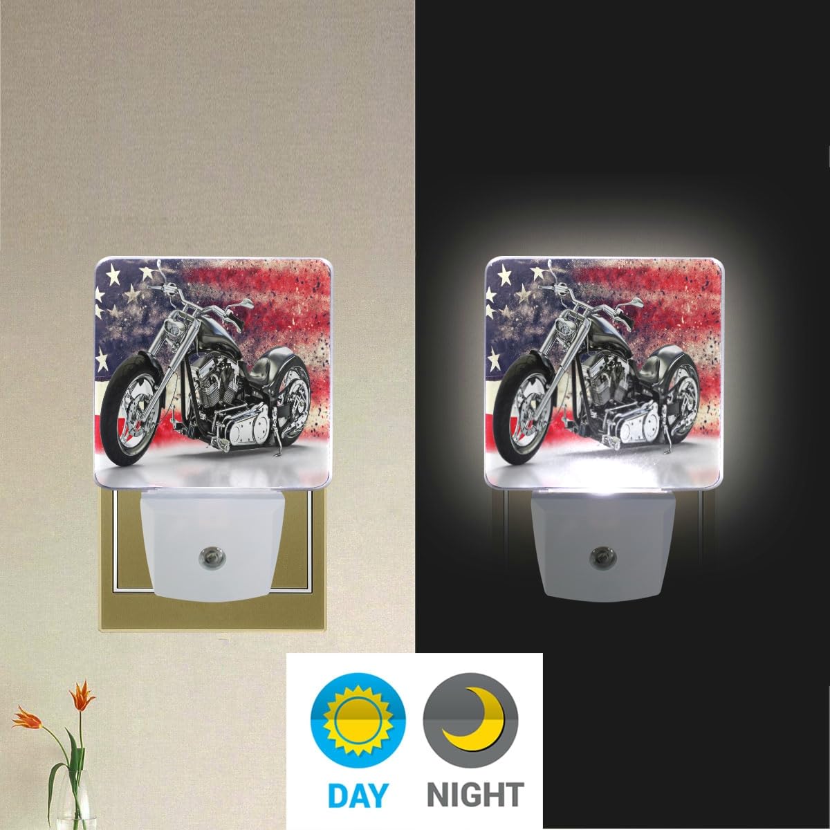 American Flag Black Motorcycle LED Night Light Set of 2 - Auto Dusk-to-Dawn Sensor Plug-in Nightlights for Bedroom, Bathroom & Home Decor | Perfect for Patriotic Themed Rooms, Man Caves & Motorcycle Enthusiasts