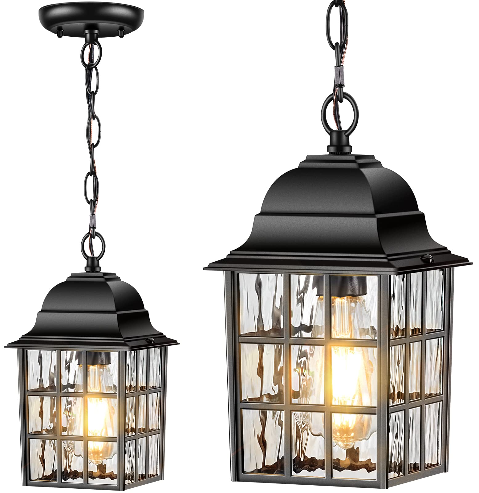 VIANIS Black Outdoor Pendant Lights - Rust-Resistant Aluminum Farmhouse Lantern for Porch, Garage, Entryway & Gazebo - Durable Tempered Ripple Glass Chandelier (Perfect for Patio, Deck, and Outdoor Dining Areas)
