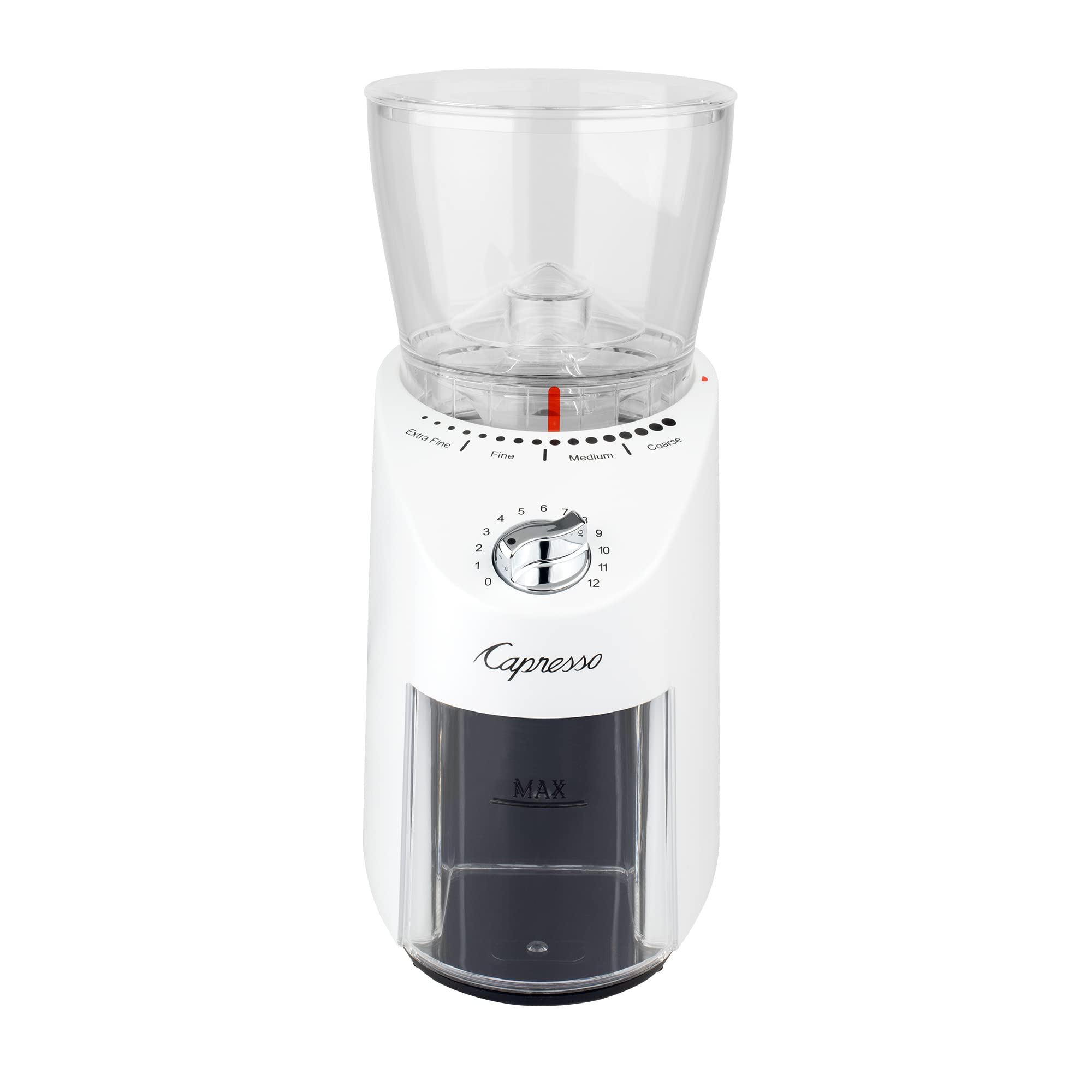 Capresso Infinity Plus Conical Burr Coffee Grinder - Premium Stainless Steel Burrs, Adjustable Grind Settings, White - Perfect for Espresso, French Press & Pour Over Coffee Brewing