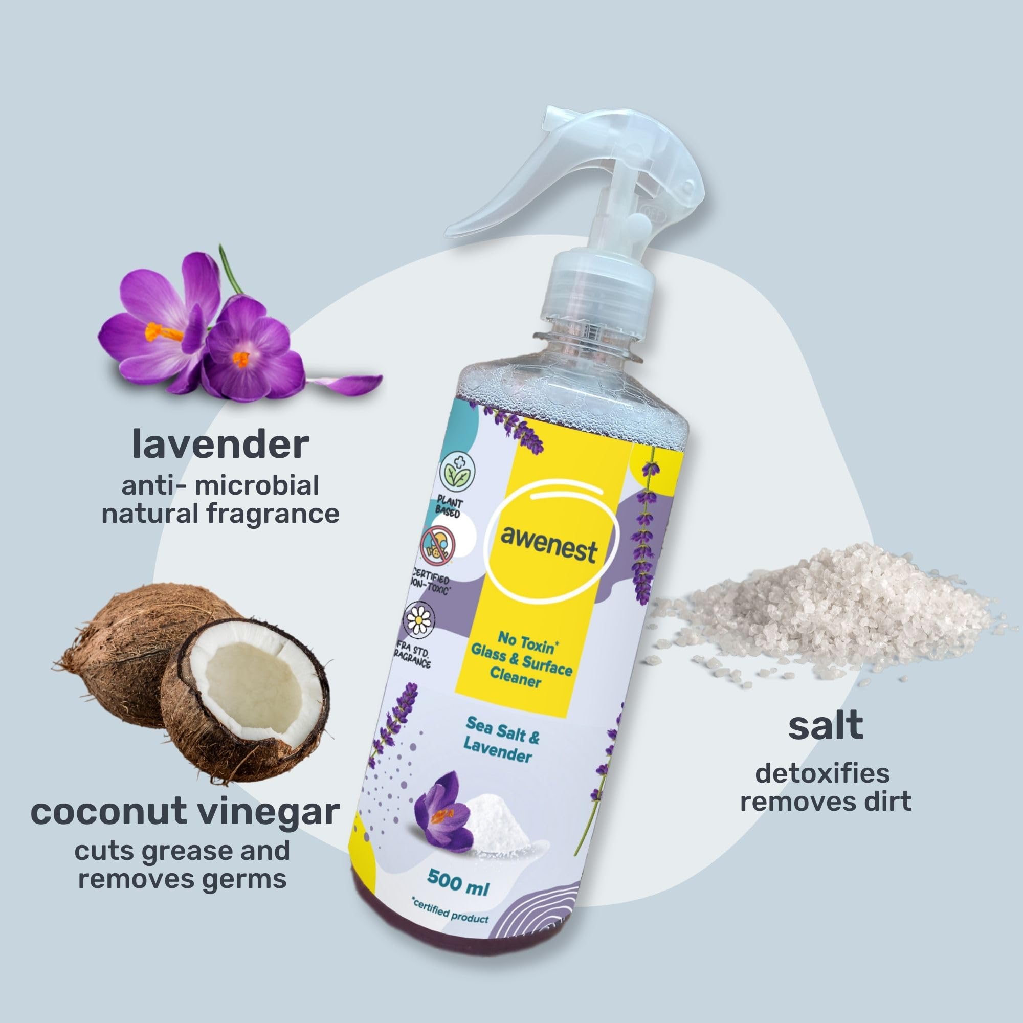 Awenest Organic Plant-Based Glass & Multipurpose Cleaner Concentrate Refill with Sea Salt & Lavender | All-Purpose Cleaner for Windows, Mirrors, Kitchen, Bathroom | Eco-Friendly Stain Remover | Perfect for Homes, Offices & Commercial Use (500ml)