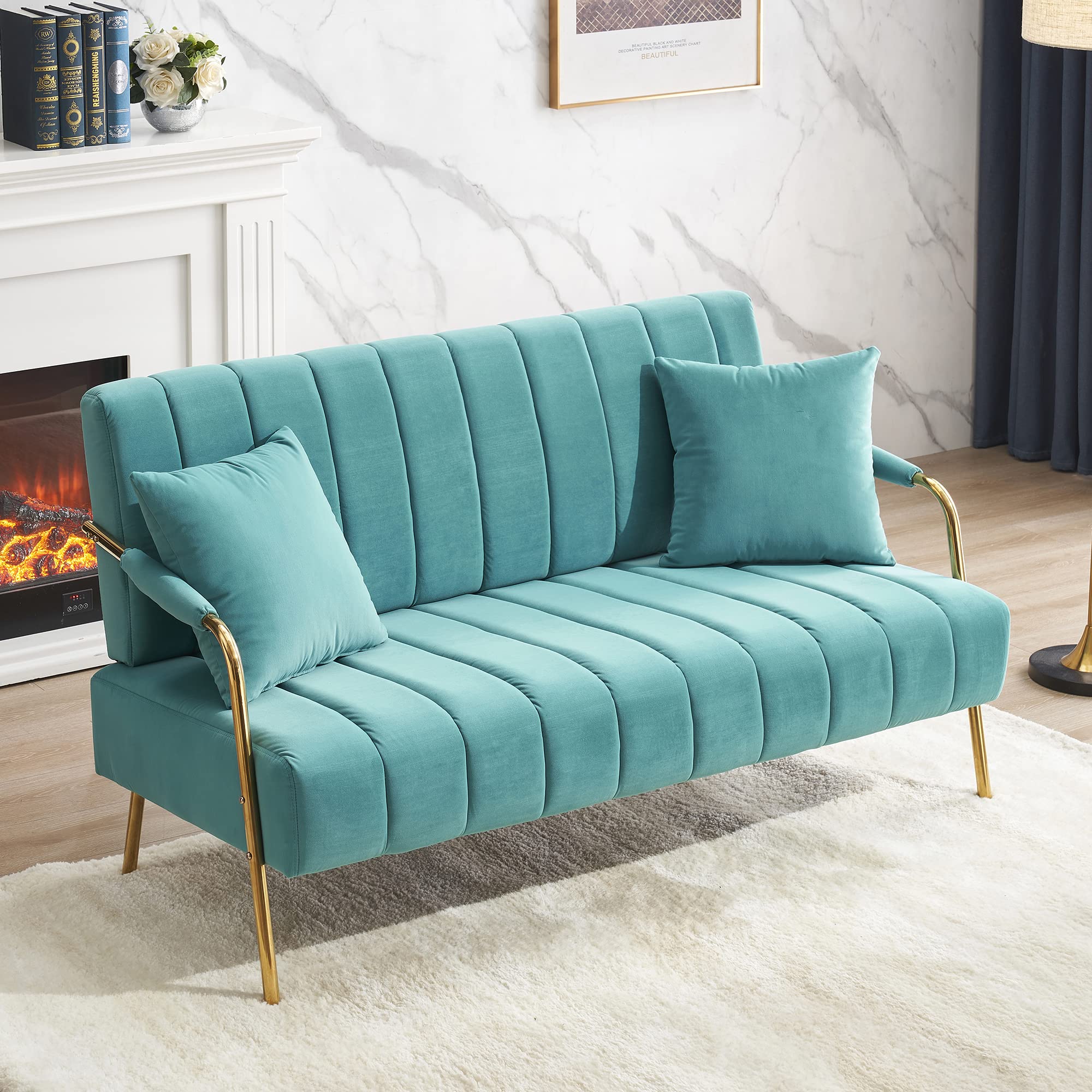 Yoluckea Small Loveseat Sofa - Upholstered 2-Seater Couch with Golden Metal Legs & 2 Throw Pillows - Compact Furniture for Small Spaces (Blue) - Perfect for Apartments, Dorms, Living Rooms & Cozy Reading Nooks