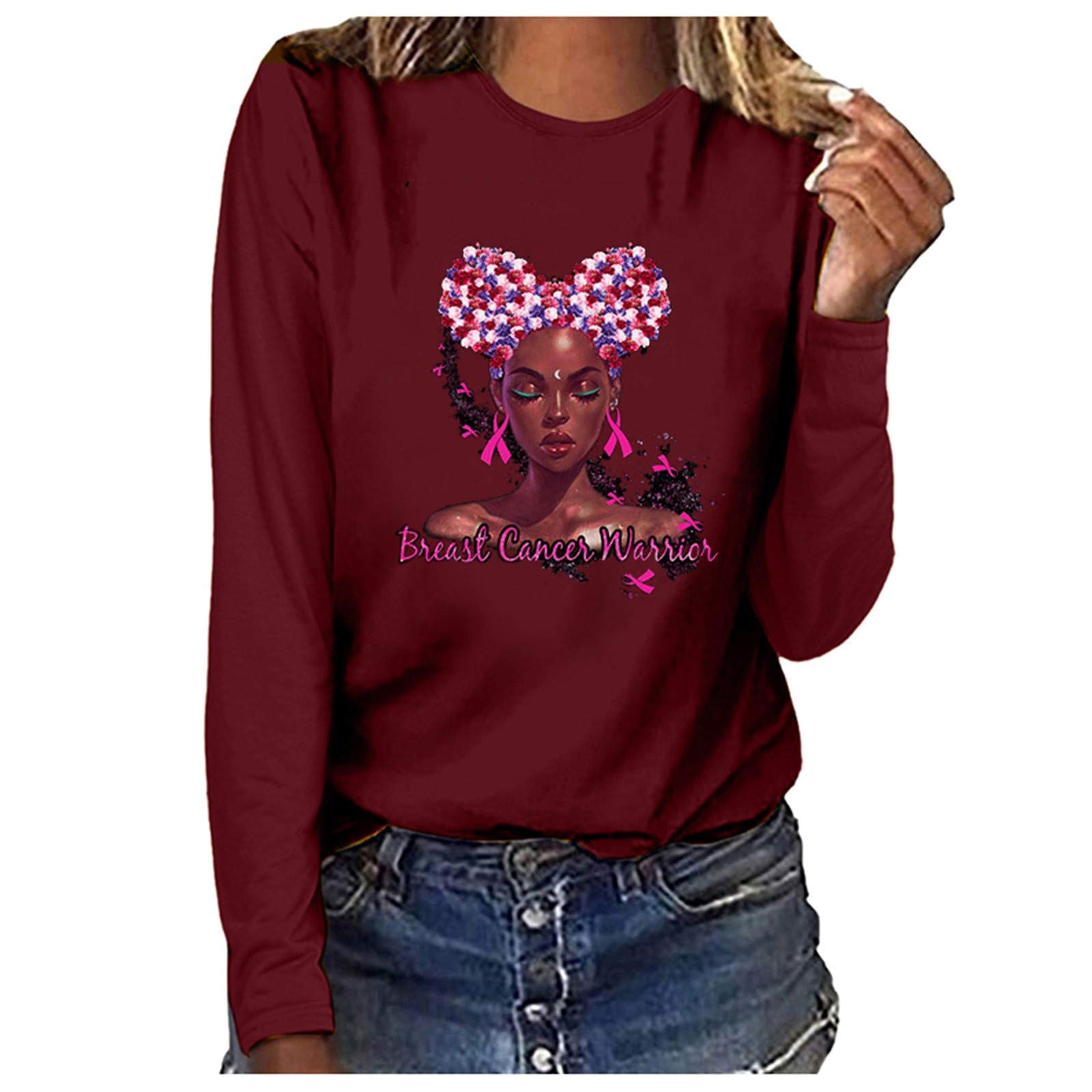 ESCBUKI Women's Long Sleeve Breast Cancer Awareness Sweatshirt - Pink Ribbon Crewneck Pullover | Comfortable Loose Fit Casual Top for Fundraising Events, Survivor Support & Everyday Wear