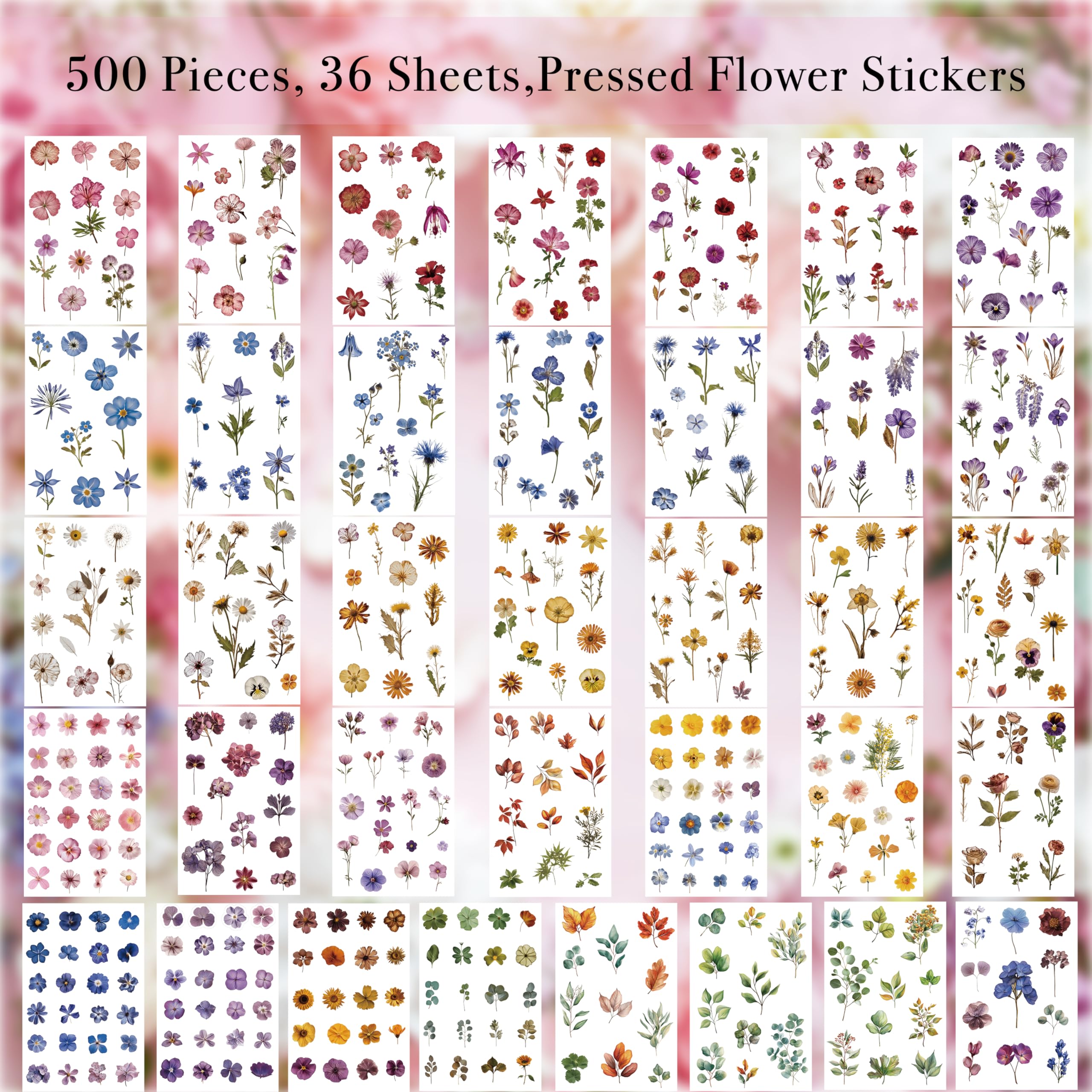 500 Pieces Pressed Flower Stickers (36 Sheets) - Dried Flower Decals for Scrapbooking, Junk Journals, Bullet Journals & Planners - Perfect for DIY Crafts, Memory Books & Stationery Decoration