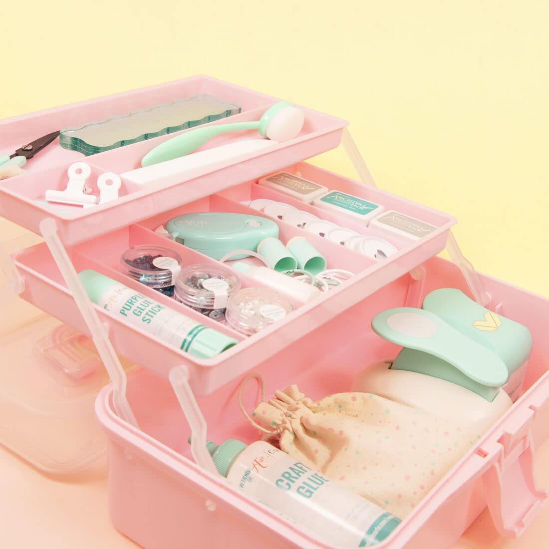 Craftelier Portable Craft Box Organizer with Handle & 3 Trays - Pink Art Supply Storage Case for Scrapbooking, Beading, Sewing - 12.8