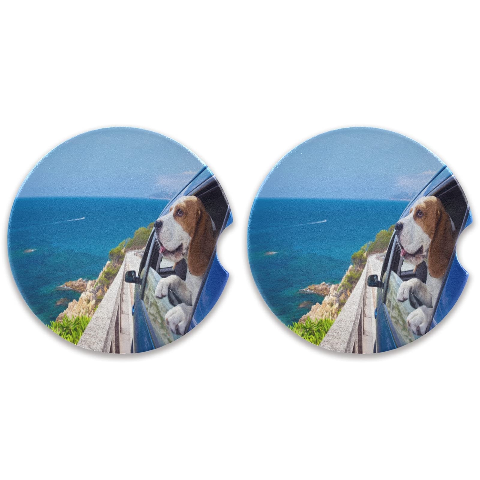 2 Pack Absorbent Ceramic Car Cup Coasters for Drinks - Cute Beagle Design with Fingertip Grip (2.5 Inch) - Perfect for Cars, Trucks & SUVs to Prevent Spills & Protect Cup Holders