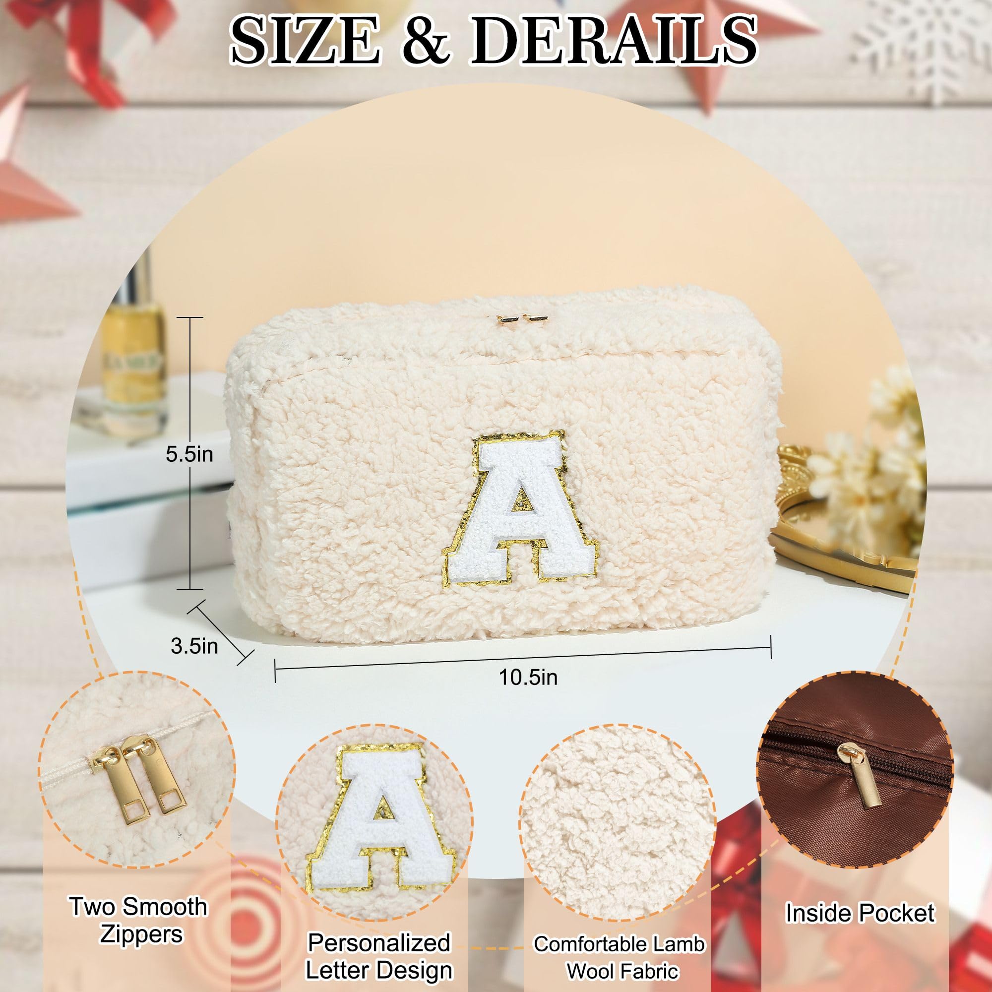 YOOLIFE Personalized Initial Makeup Bag with Brush Pouch - Cute Cosmetic Organizer for Women, Bridal Shower Gift, Birthday Present for Her, Sister, Mom & Teacher (White) | Perfect for Travel, Daily Makeup Storage & Special Occasion Gifts