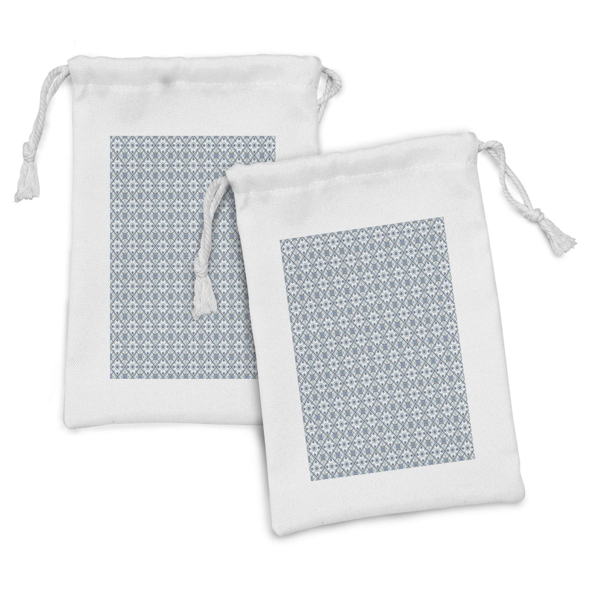 Ambesonne Azulejos Fabric Pouch Set of 2 - Blue Mediterranean Floral Drawstring Bags for Toiletries, Travel Accessories, Jewelry & Party Favors (9