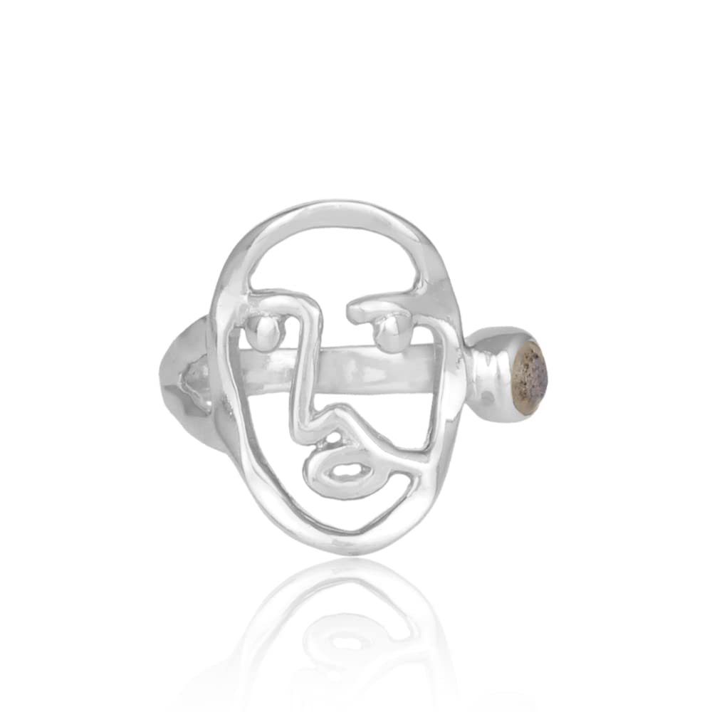 Minimalist Picasso Face Sterling Silver Ring with Labradorite Gemstone - Handmade Abstract Geometric Ring for Women, Boho Chic Jewelry Gift for Her, Perfect for Casual Wear, Parties & Special Occasions (Size 10)