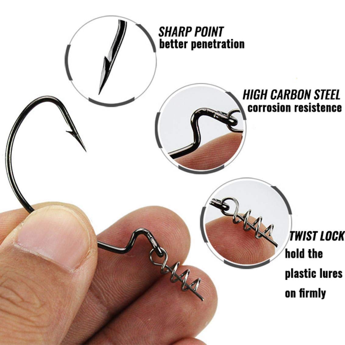 NORTH BAY 50pcs/Box Twist Lock Fishing Hooks - Worm Hooks Kit with Centering Pin for Soft Lure Baits (5 Sizes) - Perfect for Bass, Trout & Freshwater Fishing