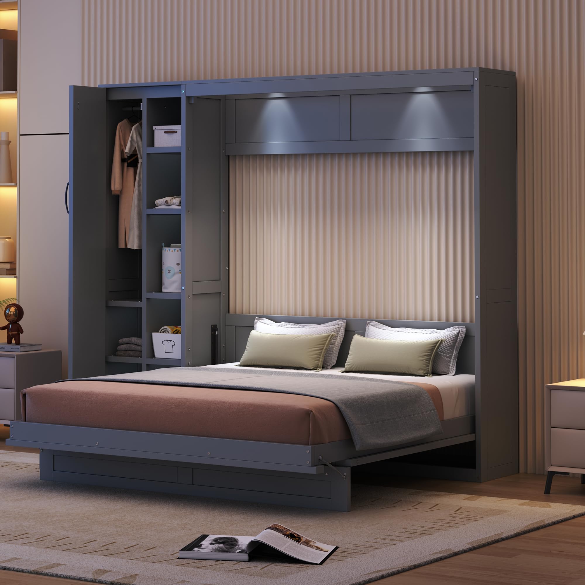 Harper & Bright Designs Queen Size Murphy Bed with Storage Shelves, Wardrobe & LED Lights - Space-Saving Wall Bed for Guest Room, Home Office or Small Apartments - Modern Gray Furniture for Multi-Functional Living Spaces