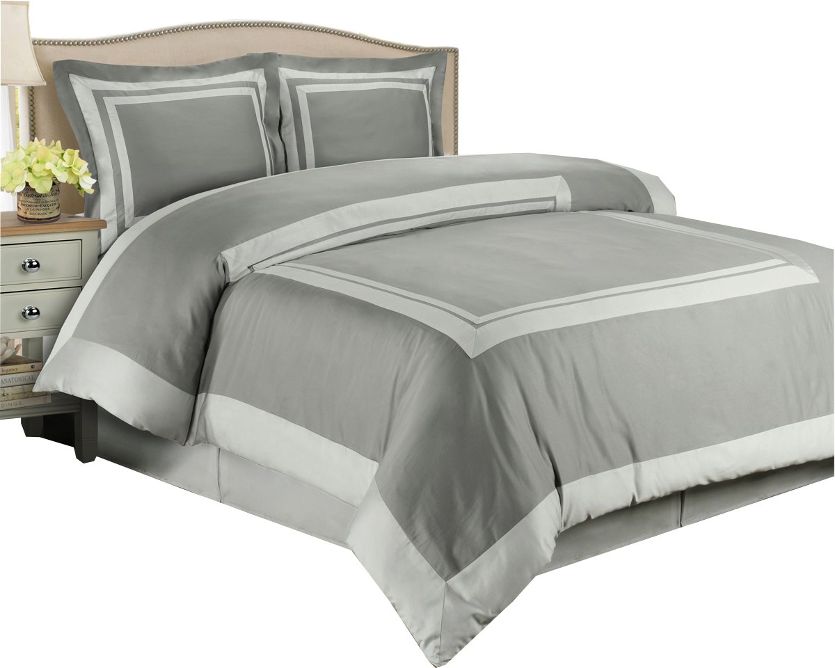 4PC Full/Queen Bedding Set - 300TC Hotel Luxury Grey Duvet Cover with Light Grey Trim + White Down Alternative Comforter | Soft & Breathable for All Seasons | Perfect for Master Bedroom, Guest Room & Airbnb