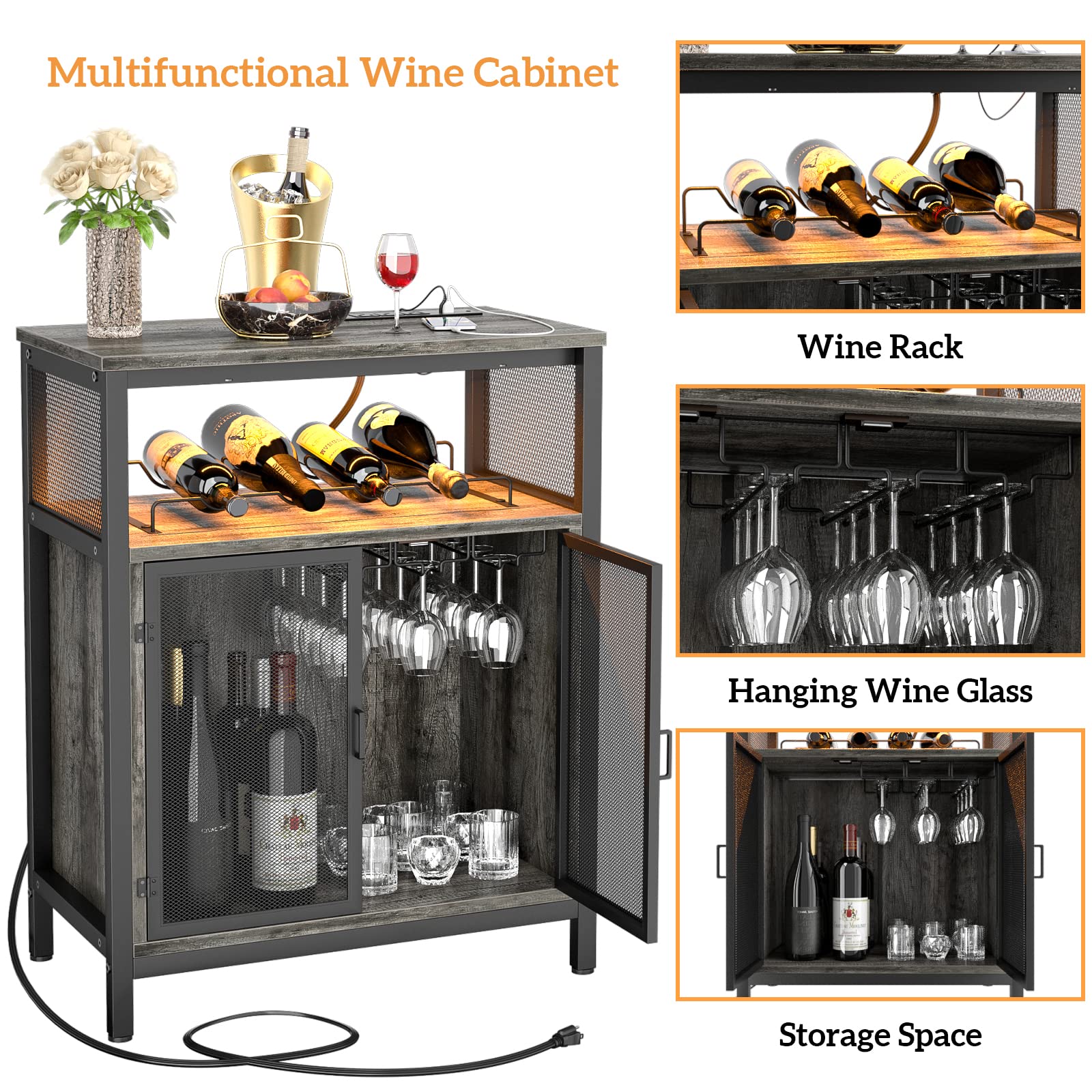 Unikito Modern Wine Bar Cabinet with RGB LED Lighting & Built-in Outlet - Freestanding Wine Rack Table with Glass Holder - Black Oak Floor Bar Cabinet for Home, Kitchen & Dining Room - Perfect for Entertaining Guests & Storing Liquor Bottles