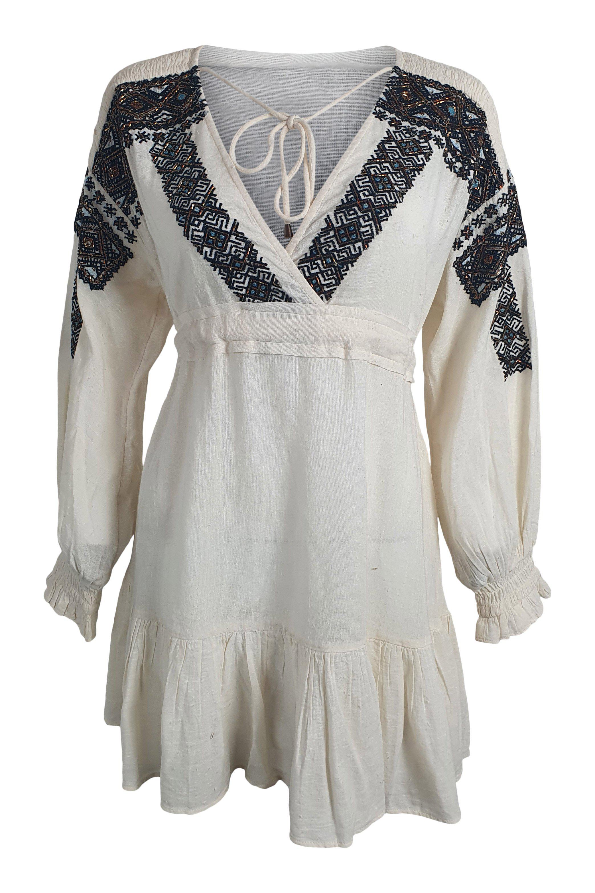 FREE PEOPLE Boho Cotton Blend Ivory Beaded Mini Dress (Large) - Perfect for Summer Festivals, Beach Vacations & Boho Chic Outfits