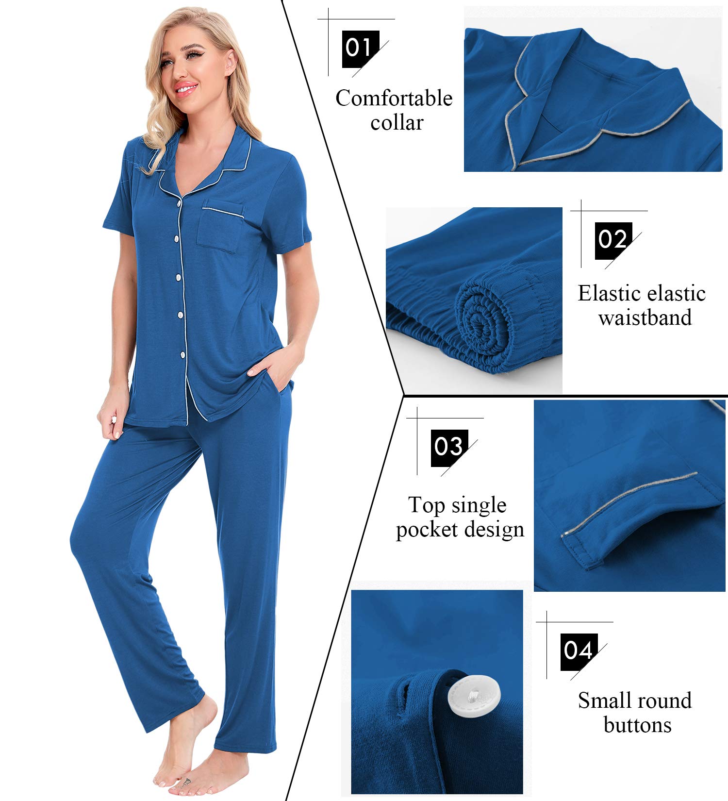 SWOMOG Women's 2-Piece Pajama Set - Soft Short Sleeve Button Down Sleepwear & Lounge Pants Set - Comfy Nightwear for Relaxing at Home, Sleepovers & Vacation