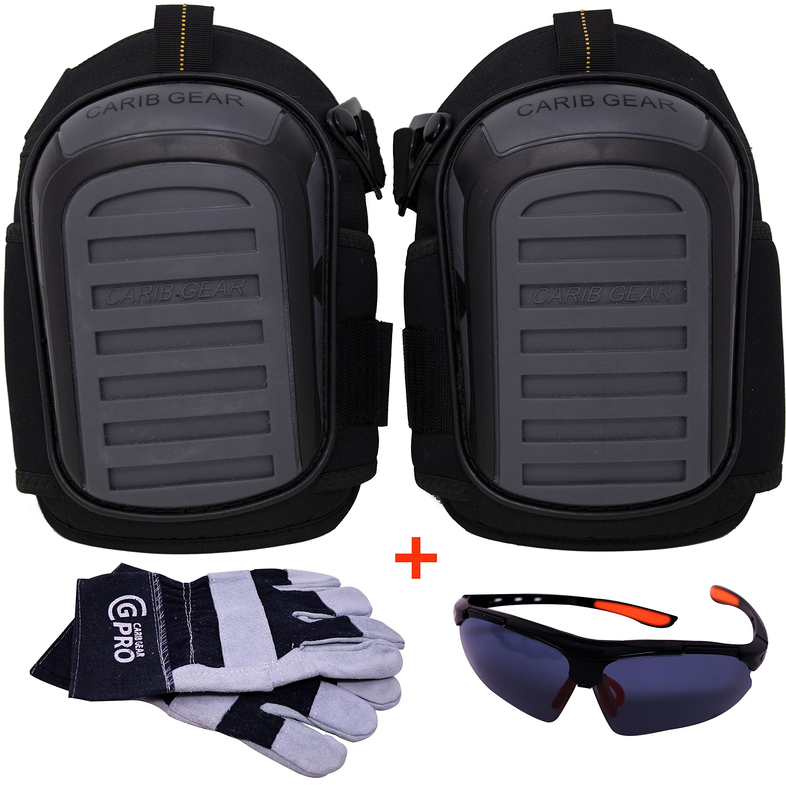 Heavy-Duty Construction Knee Pads with Non-Slip Hard Shell - Professional Tactical Knee Protectors with Gel Cushion Support, Includes Safety Glasses & Leather Gloves - Ideal for Construction Work, Gardening, Carpentry, Flooring Installation and DIY Projects | Carib Gear Pro