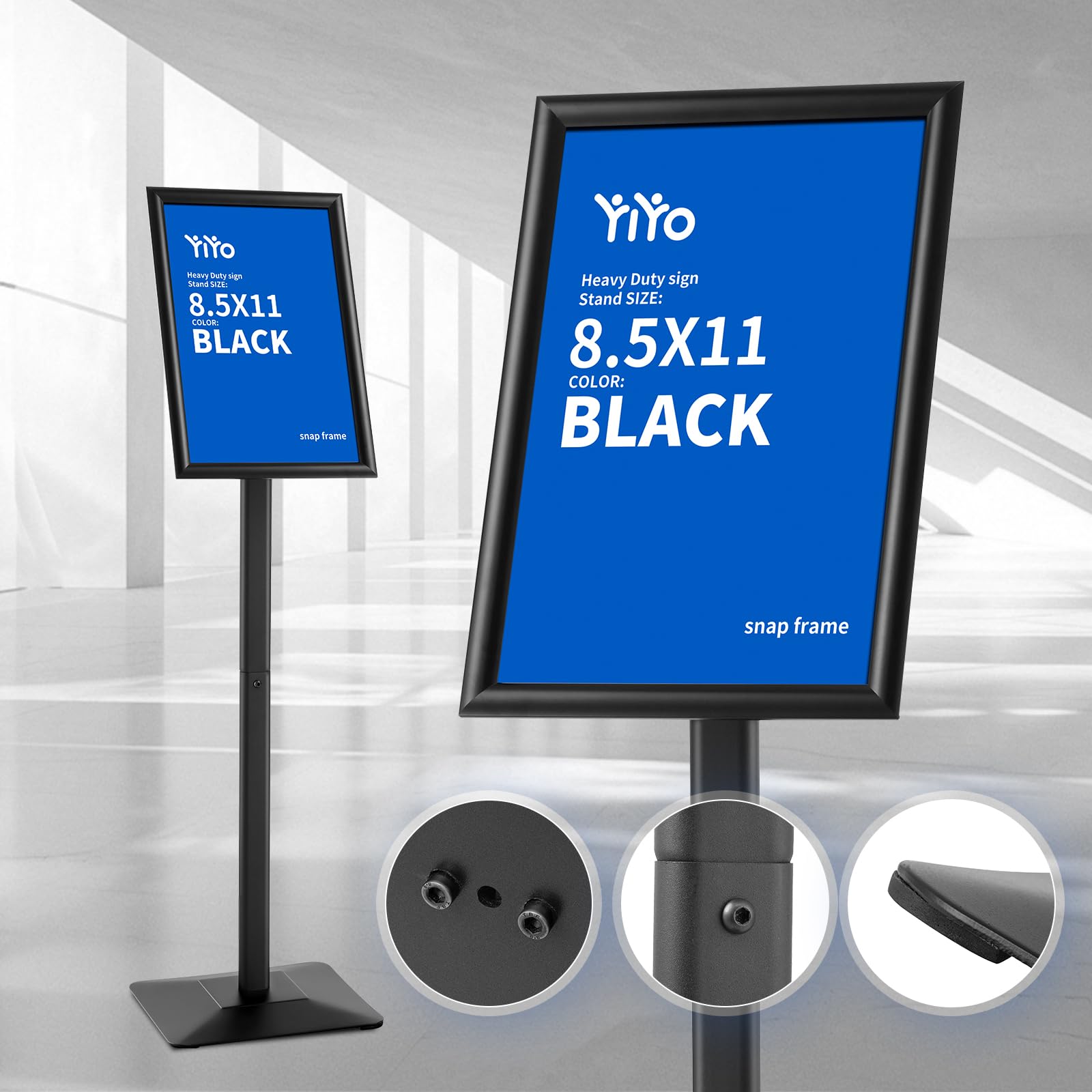 YIYO Adjustable Heavy Duty Aluminum Floor Sign Stand - 8.5x11 Inch Black Poster Display Holder for Retail, Trade Shows & Events