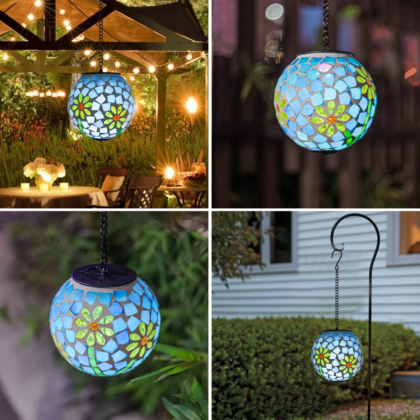 VCUTEKA Solar Lanterns Outdoor Waterproof - Hanging Solar Lights for Garden, Patio, Yard with Mosaic Glass Design | LED Solar Powered Lanterns for Pathway, Landscape Decoration | Perfect for Camping, Backyard Parties & Evening Ambiance